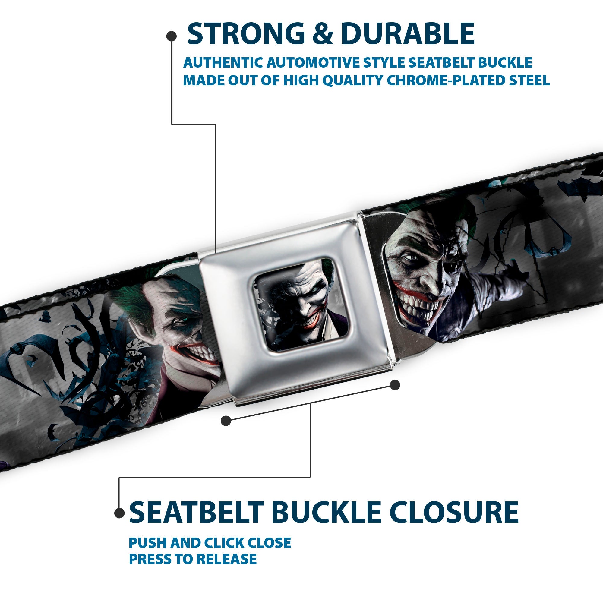 Joker Face Bats CLOSE-UP Full Color Grays Seatbelt Belt - BATMAN ARKHAM ORIGINS Joker Expressions/Bats Grays Webbing Seatbelt Belts DC Comics