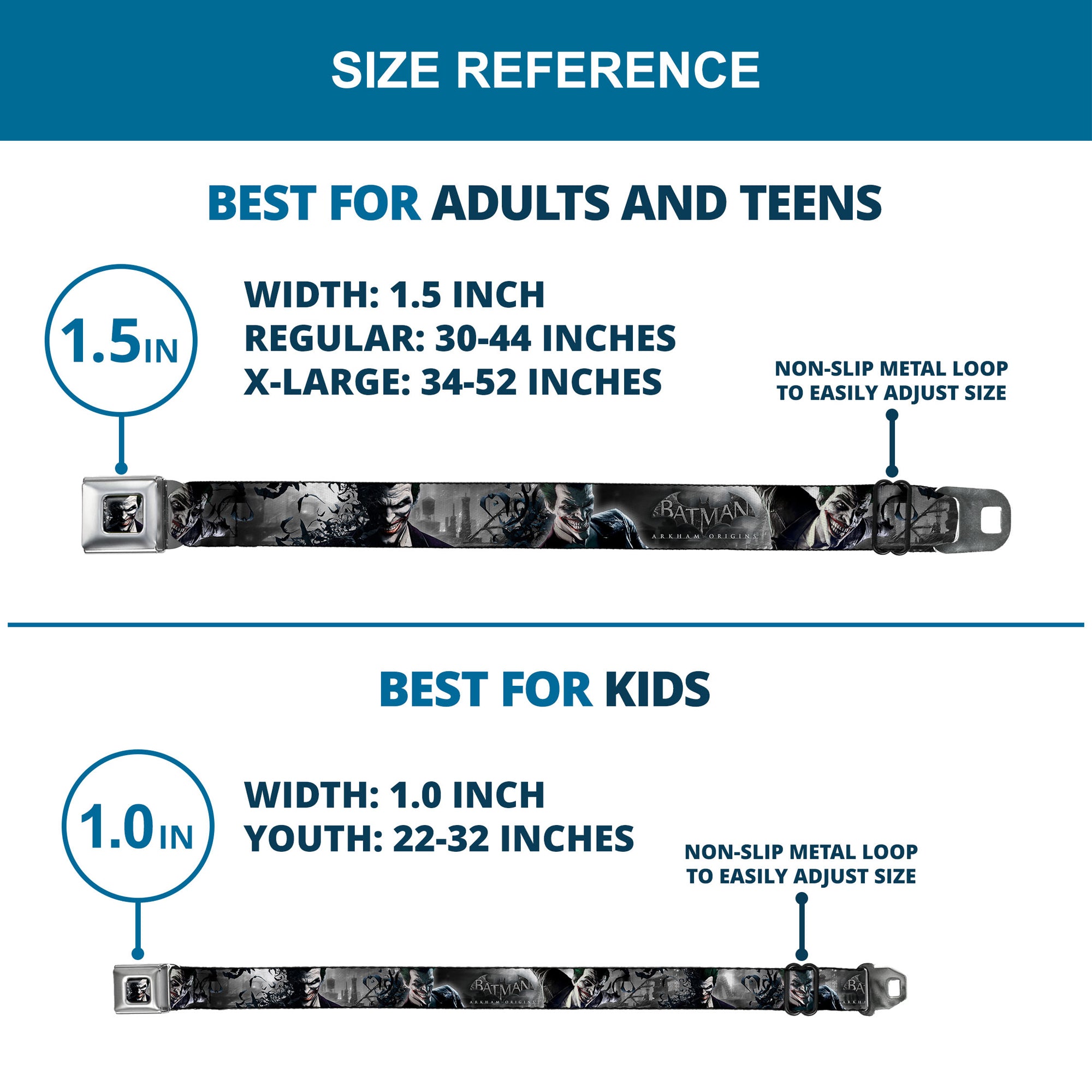 Joker Face Bats CLOSE-UP Full Color Grays Seatbelt Belt - BATMAN ARKHAM ORIGINS Joker Expressions/Bats Grays Webbing Seatbelt Belts DC Comics