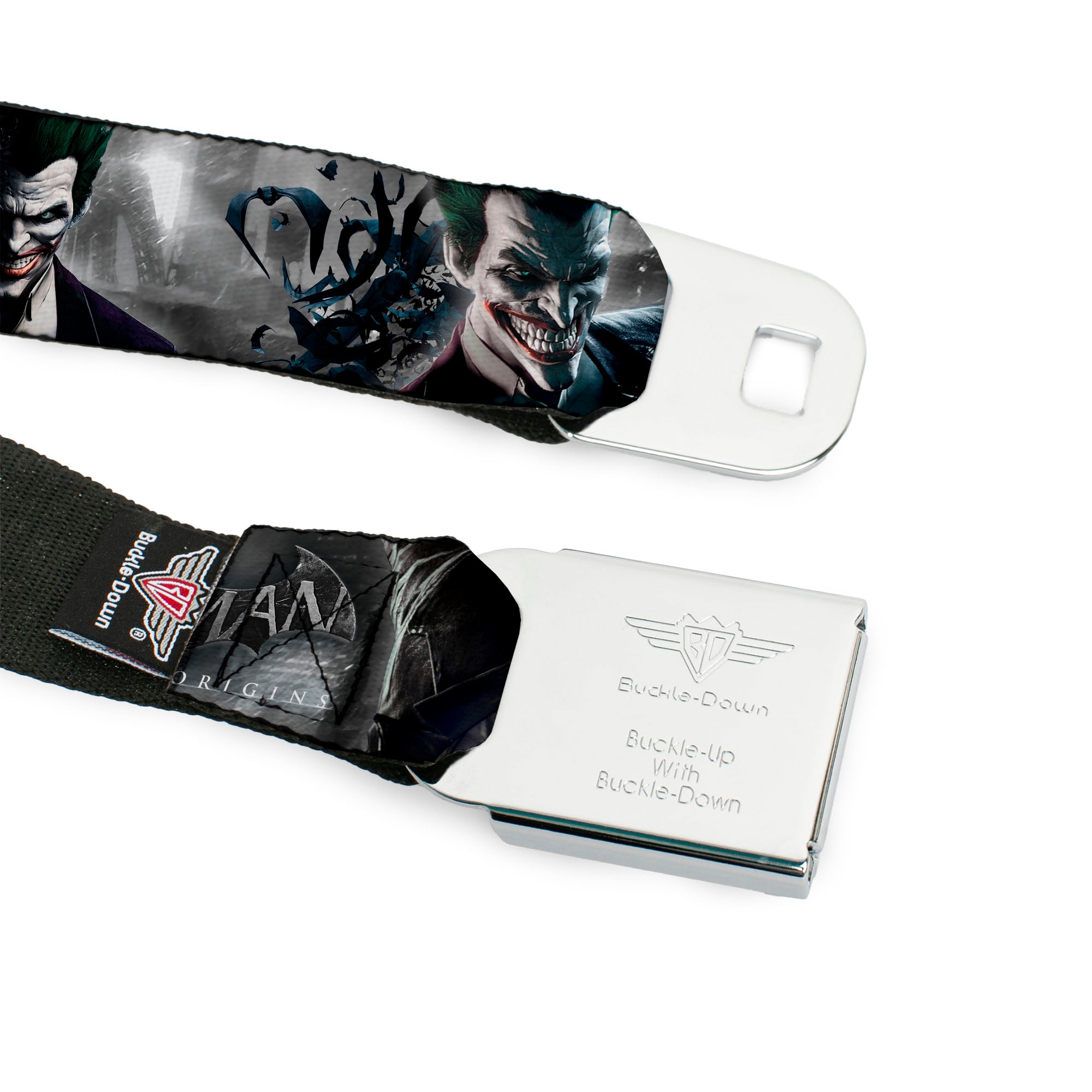 Joker Face Bats CLOSE-UP Full Color Grays Seatbelt Belt - BATMAN ARKHAM ORIGINS Joker Expressions/Bats Grays Webbing Seatbelt Belts DC Comics