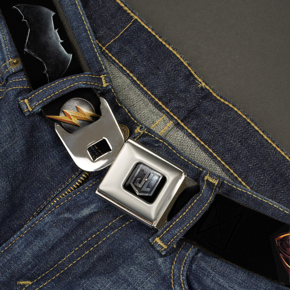 JL 2017 Badge Full Color Black Grays Seatbelt Belt - Justice League 2017 6-Superhero Icons Black Webbing Seatbelt Belts DC Comics