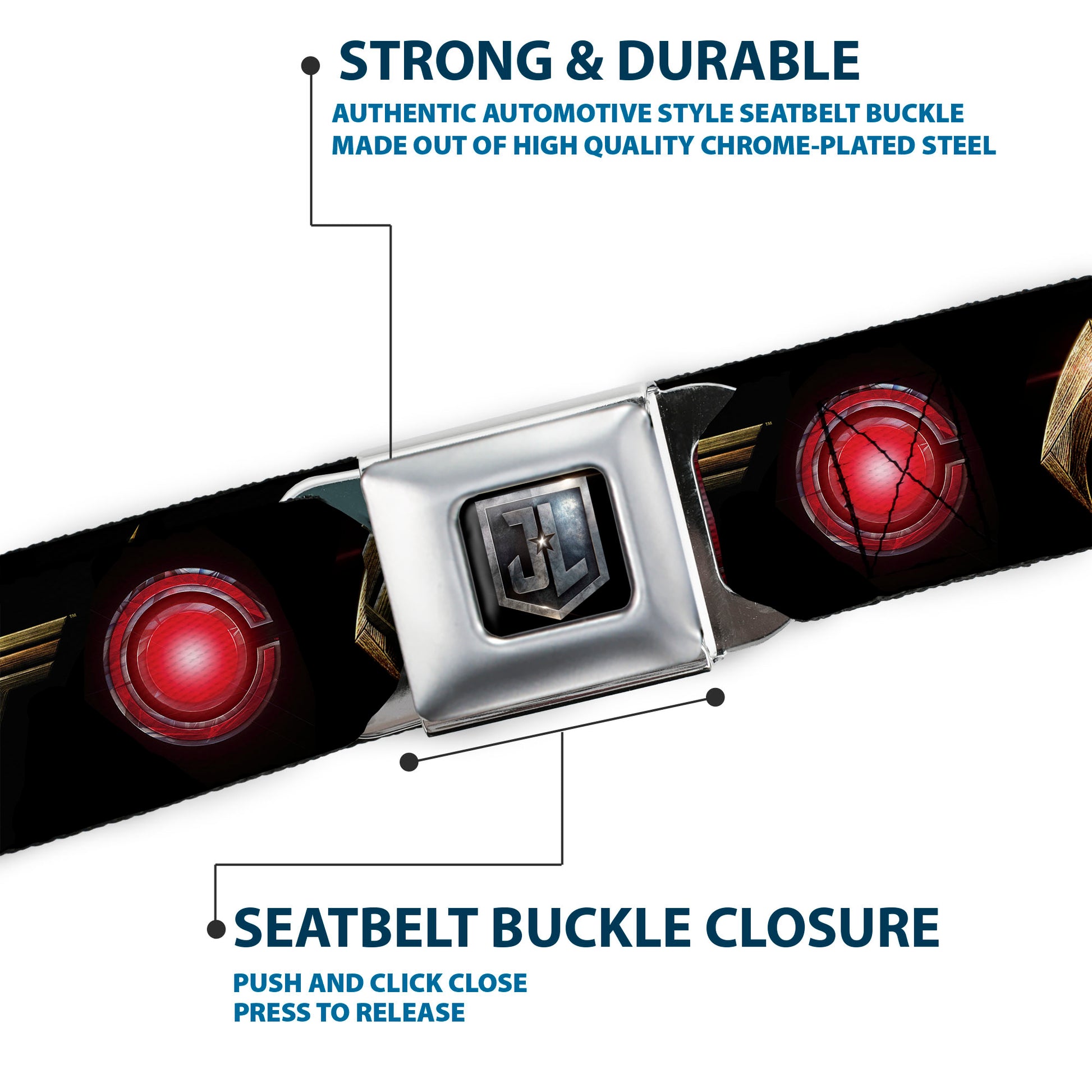 JL 2017 Badge Full Color Black Grays Seatbelt Belt - Justice League 2017 6-Superhero Icons Black Webbing Seatbelt Belts DC Comics