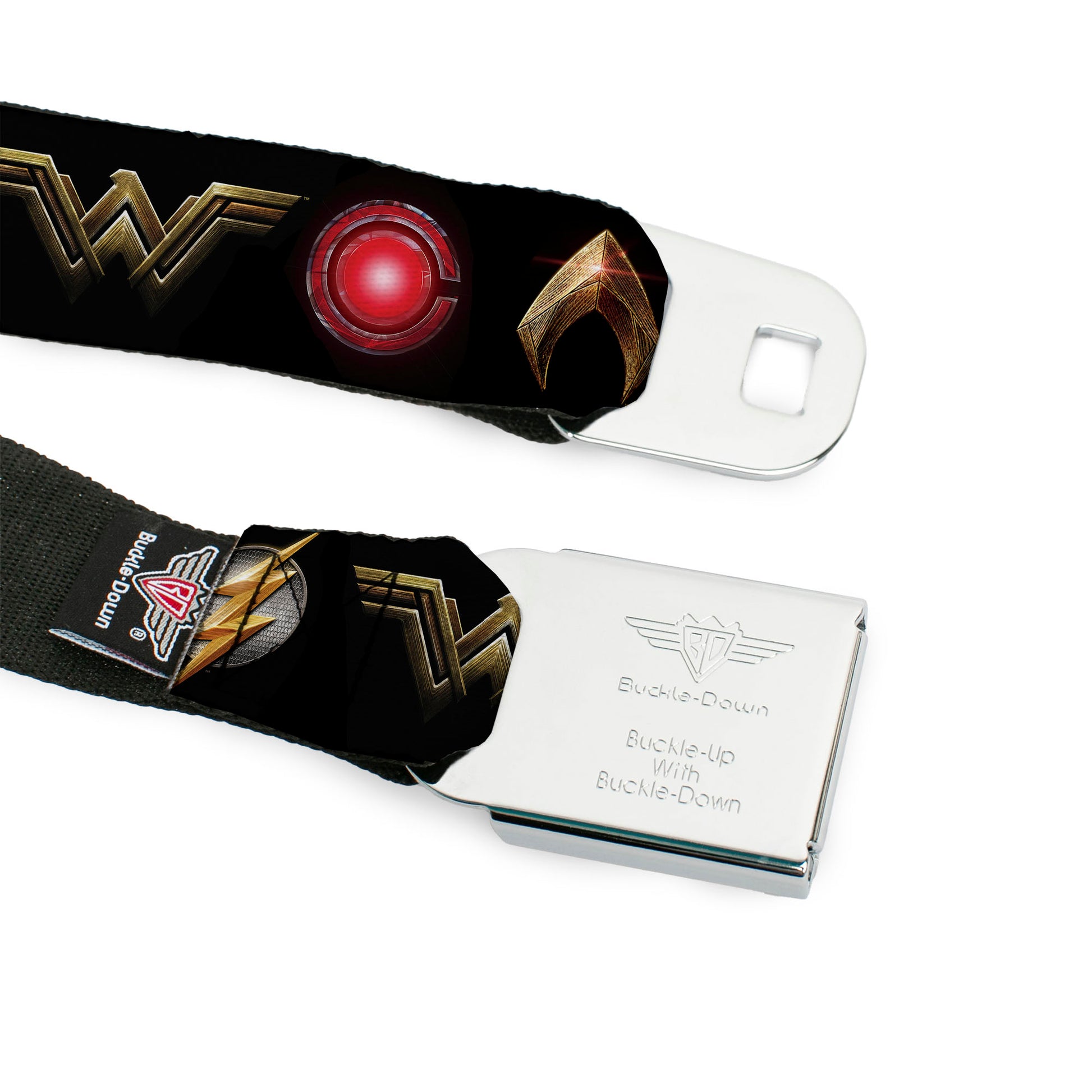 JL 2017 Badge Full Color Black Grays Seatbelt Belt - Justice League 2017 6-Superhero Icons Black Webbing Seatbelt Belts DC Comics
