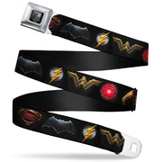 JL 2017 Badge Full Color Black Grays Seatbelt Belt - Justice League 2017 6-Superhero Icons Black Webbing Seatbelt Belts DC Comics
