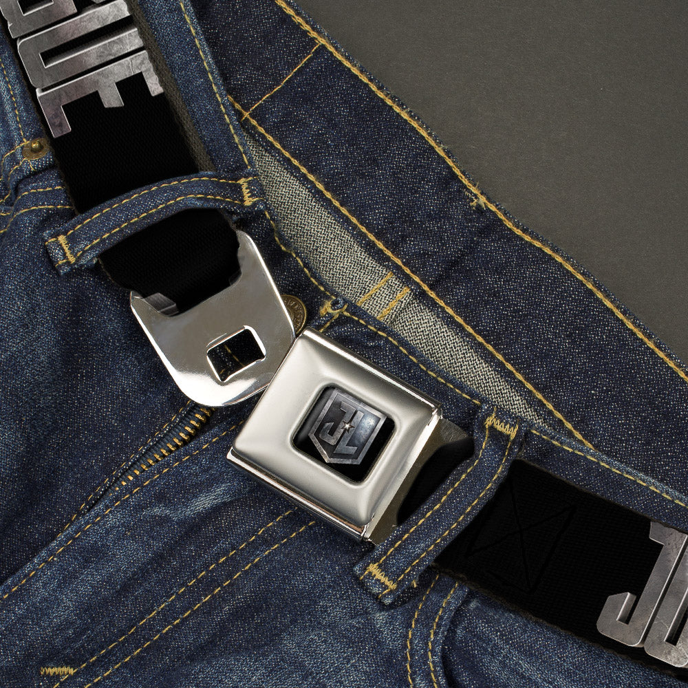 JL 2017 Badge Full Color Black Grays Seatbelt Belt - JUSTICE LEAGUE 2017 Title Black/Stone Webbing Seatbelt Belts DC Comics