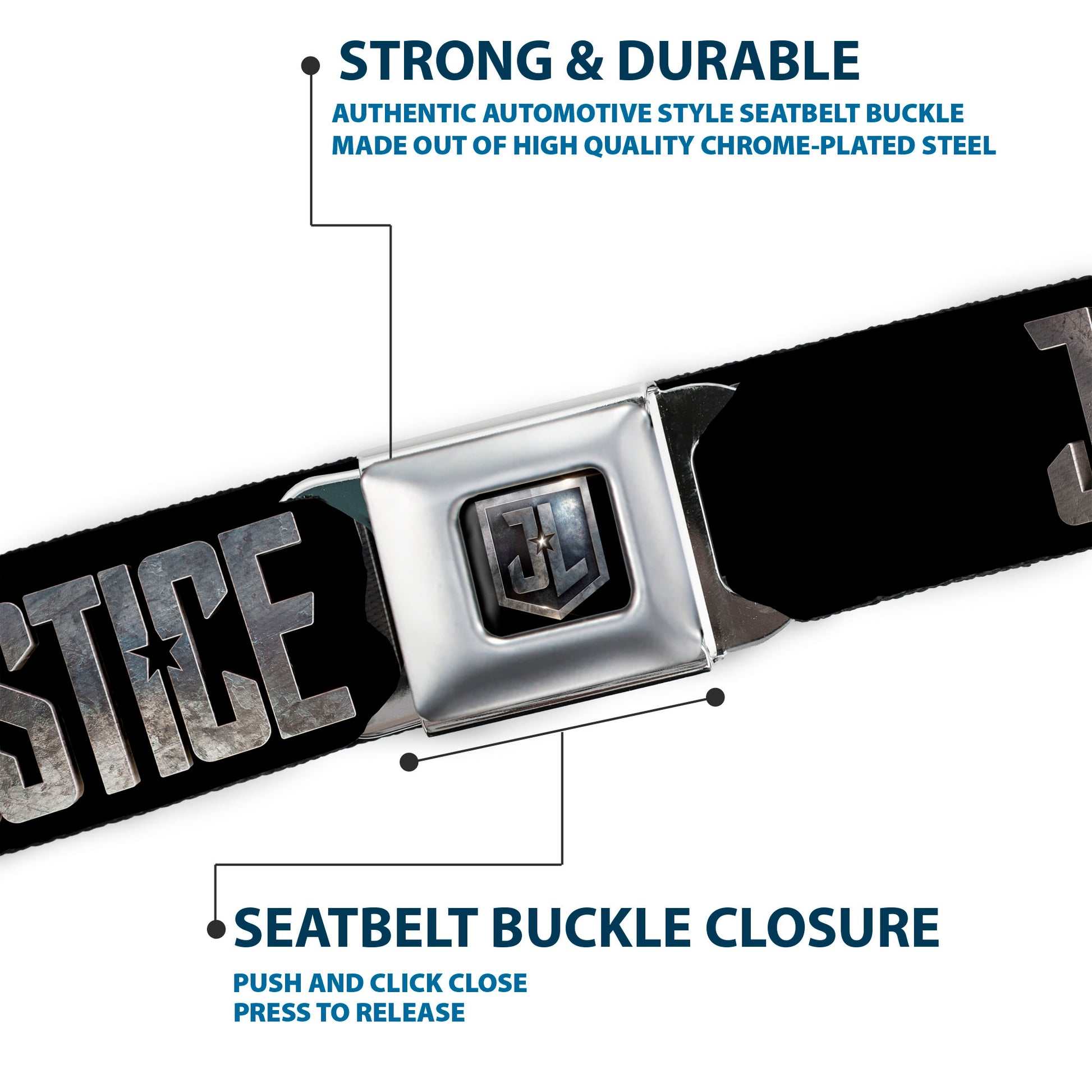 JL 2017 Badge Full Color Black Grays Seatbelt Belt - JUSTICE LEAGUE 2017 Title Black/Stone Webbing Seatbelt Belts DC Comics