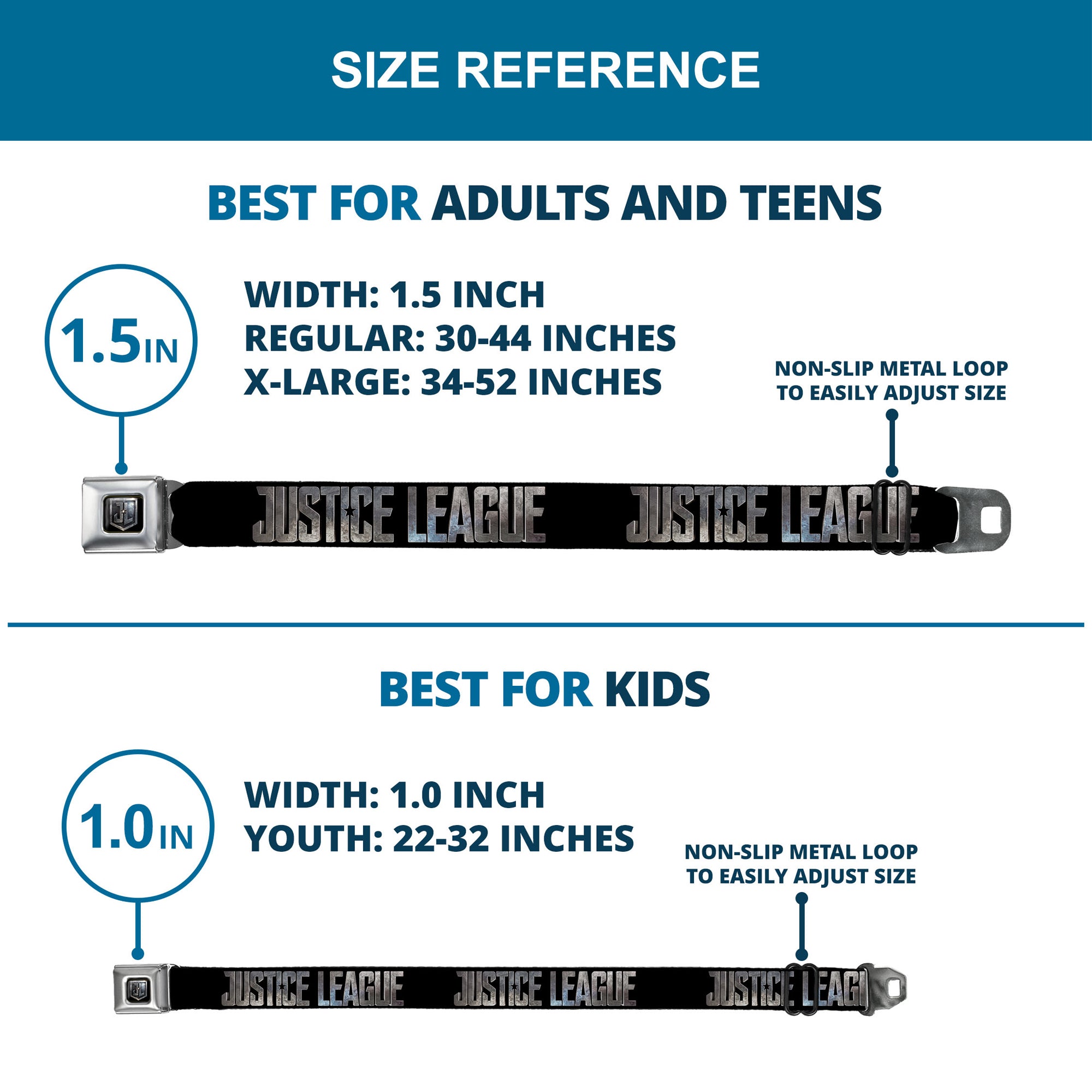 JL 2017 Badge Full Color Black Grays Seatbelt Belt - JUSTICE LEAGUE 2017 Title Black/Stone Webbing Seatbelt Belts DC Comics