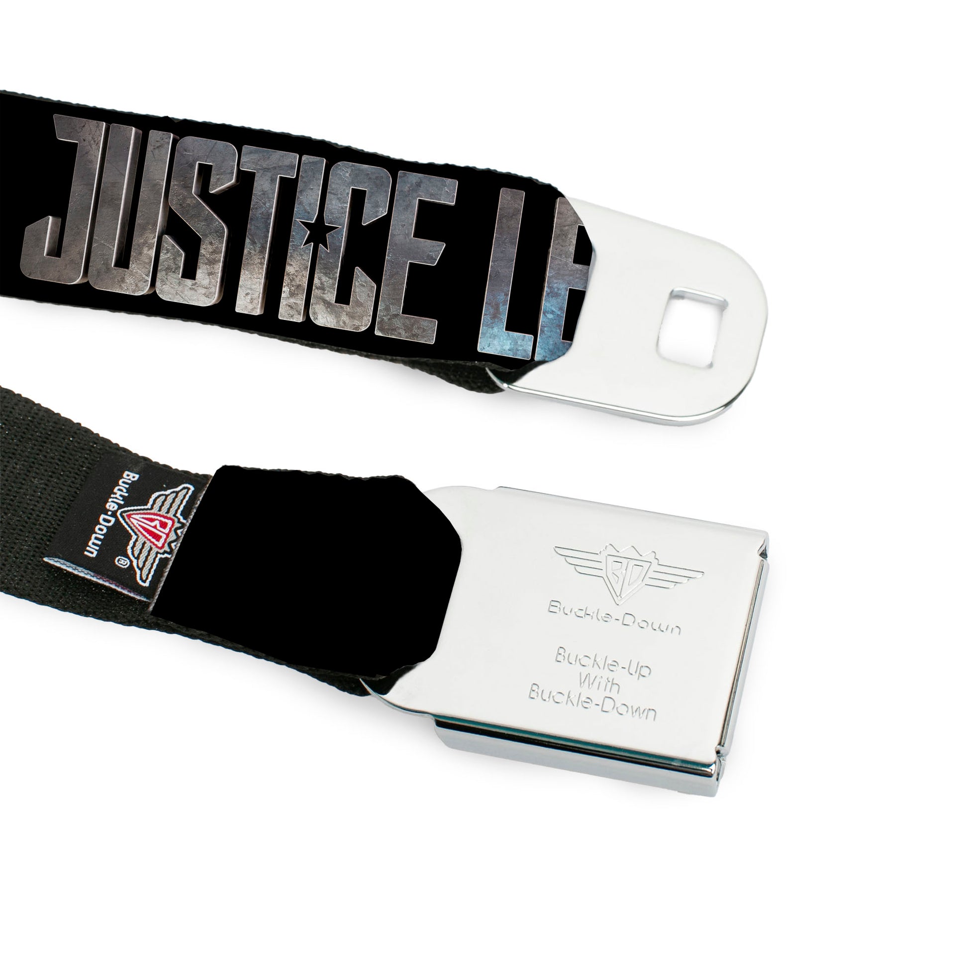 JL 2017 Badge Full Color Black Grays Seatbelt Belt - JUSTICE LEAGUE 2017 Title Black/Stone Webbing Seatbelt Belts DC Comics