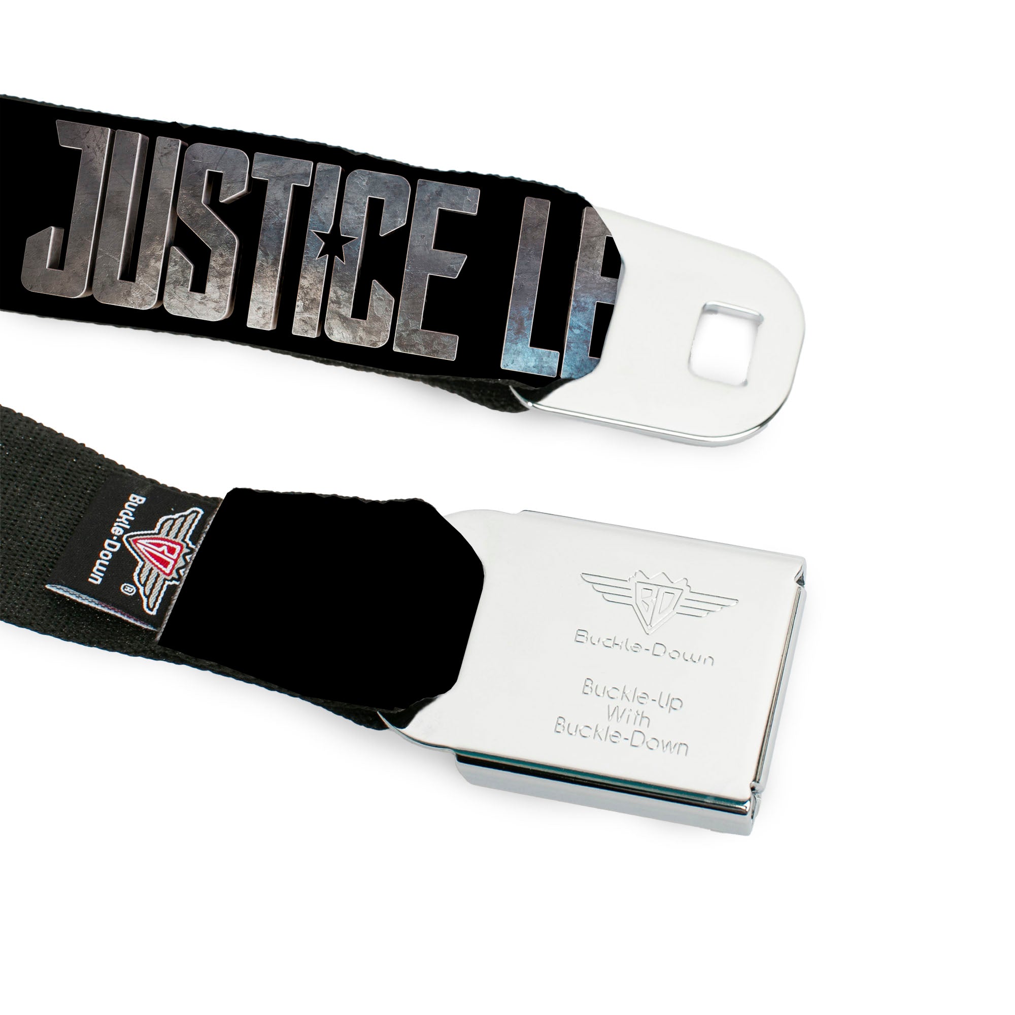 JL 2017 Badge Full Color Black Grays Seatbelt Belt - JUSTICE LEAGUE 2017 Title Black/Stone Webbing Seatbelt Belts DC Comics