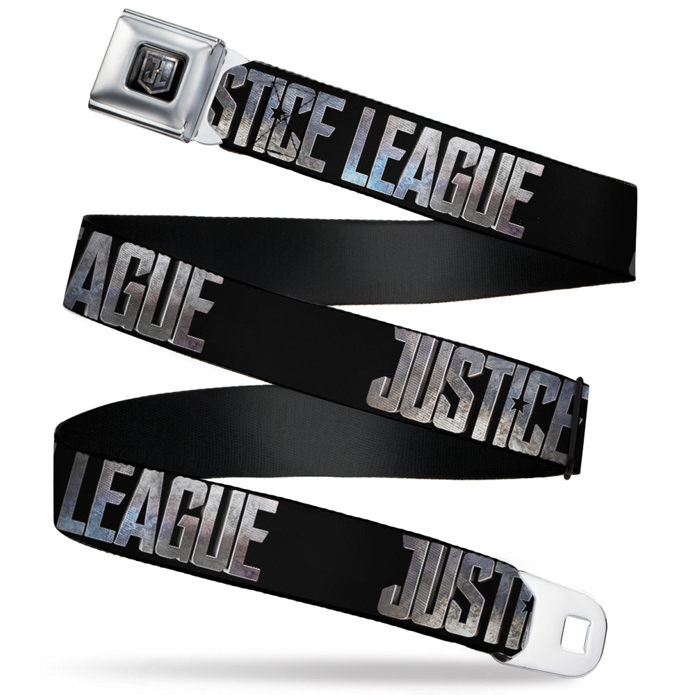 JL 2017 Badge Full Color Black Grays Seatbelt Belt - JUSTICE LEAGUE 2017 Title Black/Stone Webbing Seatbelt Belts DC Comics