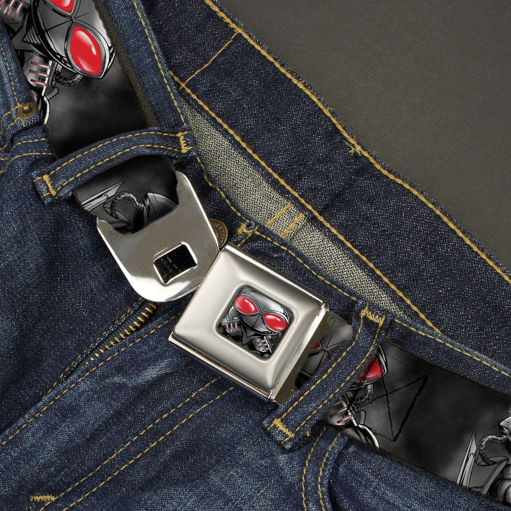 Black Manta Face CLOSE-UP Full Color Grays Seatbelt Belt - BLACK MANTA 3-Poses Grays/Red Webbing Seatbelt Belts DC Comics