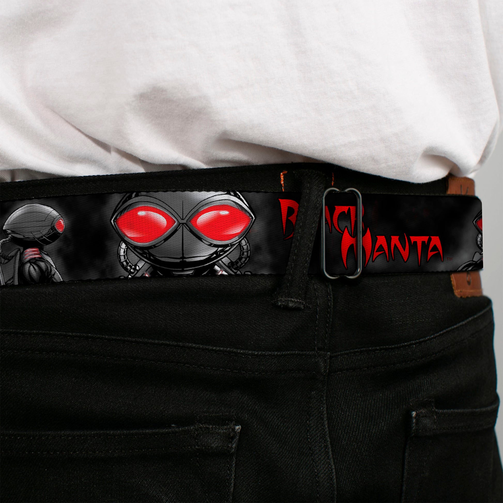 Black Manta Face CLOSE-UP Full Color Grays Seatbelt Belt - BLACK MANTA 3-Poses Grays/Red Webbing Seatbelt Belts DC Comics