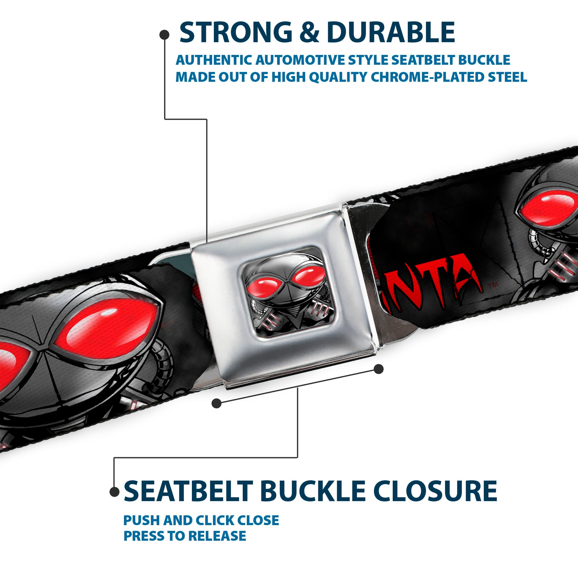 Black Manta Face CLOSE-UP Full Color Grays Seatbelt Belt - BLACK MANTA 3-Poses Grays/Red Webbing Seatbelt Belts DC Comics