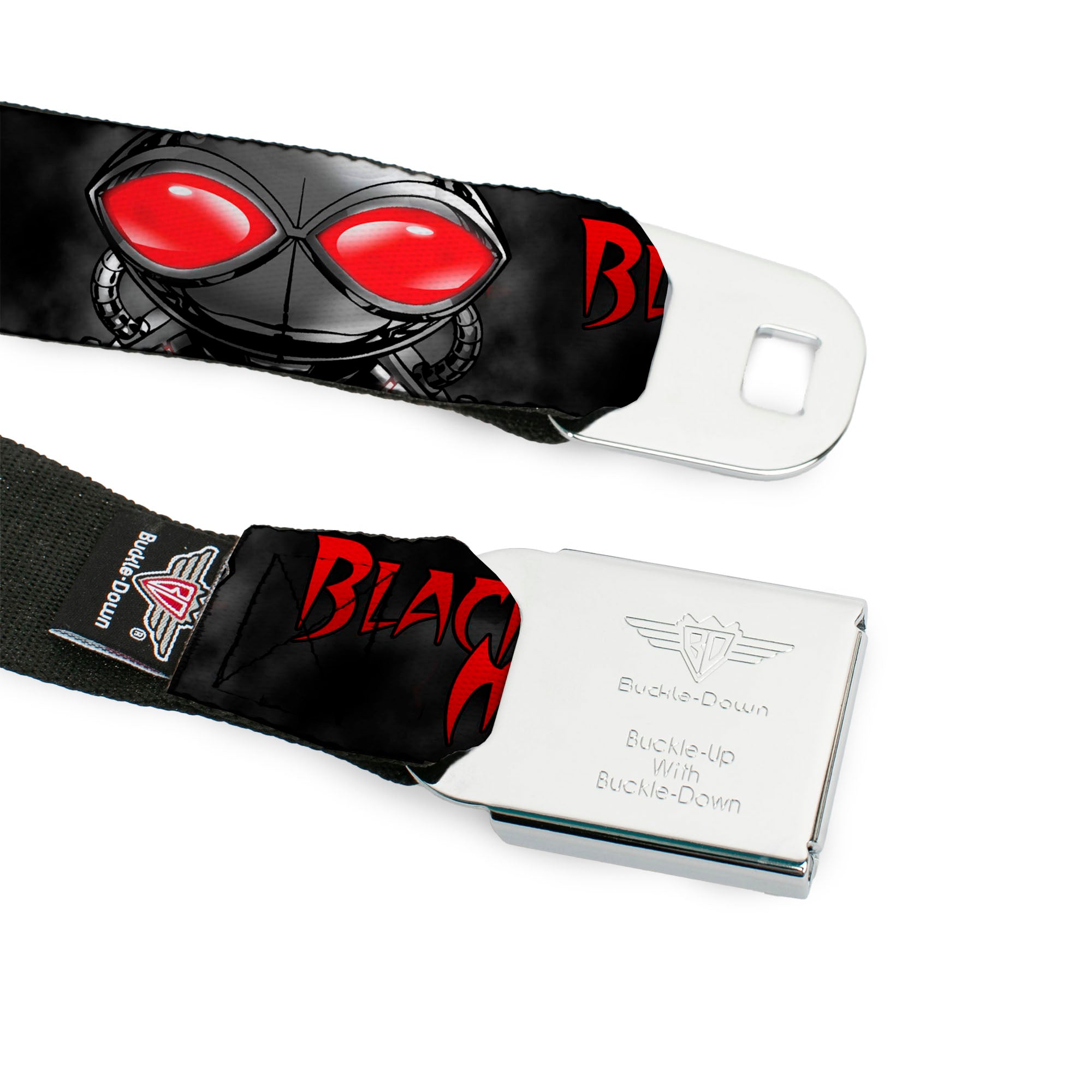 Black Manta Face CLOSE-UP Full Color Grays Seatbelt Belt - BLACK MANTA 3-Poses Grays/Red Webbing Seatbelt Belts DC Comics
