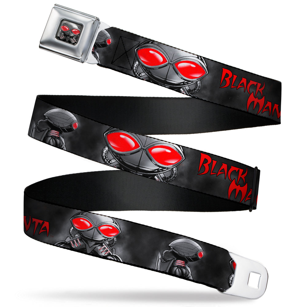Black Manta Face CLOSE-UP Full Color Grays Seatbelt Belt - BLACK MANTA 3-Poses Grays/Red Webbing Seatbelt Belts DC Comics