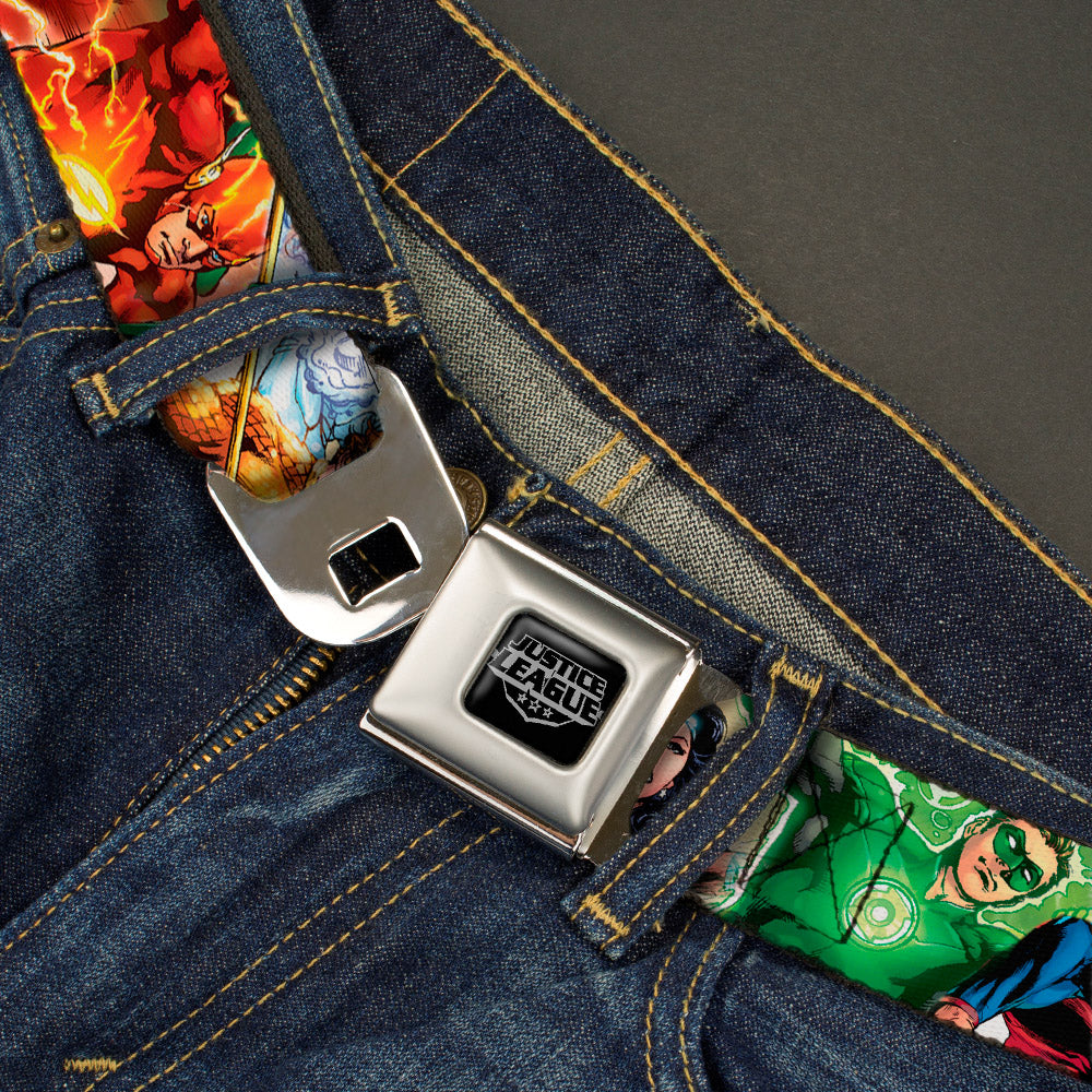 Justice League of America Reverse Brushed Black Silver Seatbelt Belt - Justice League New 52 Superhero Action Poses Webbing Seatbelt Belts DC Comics