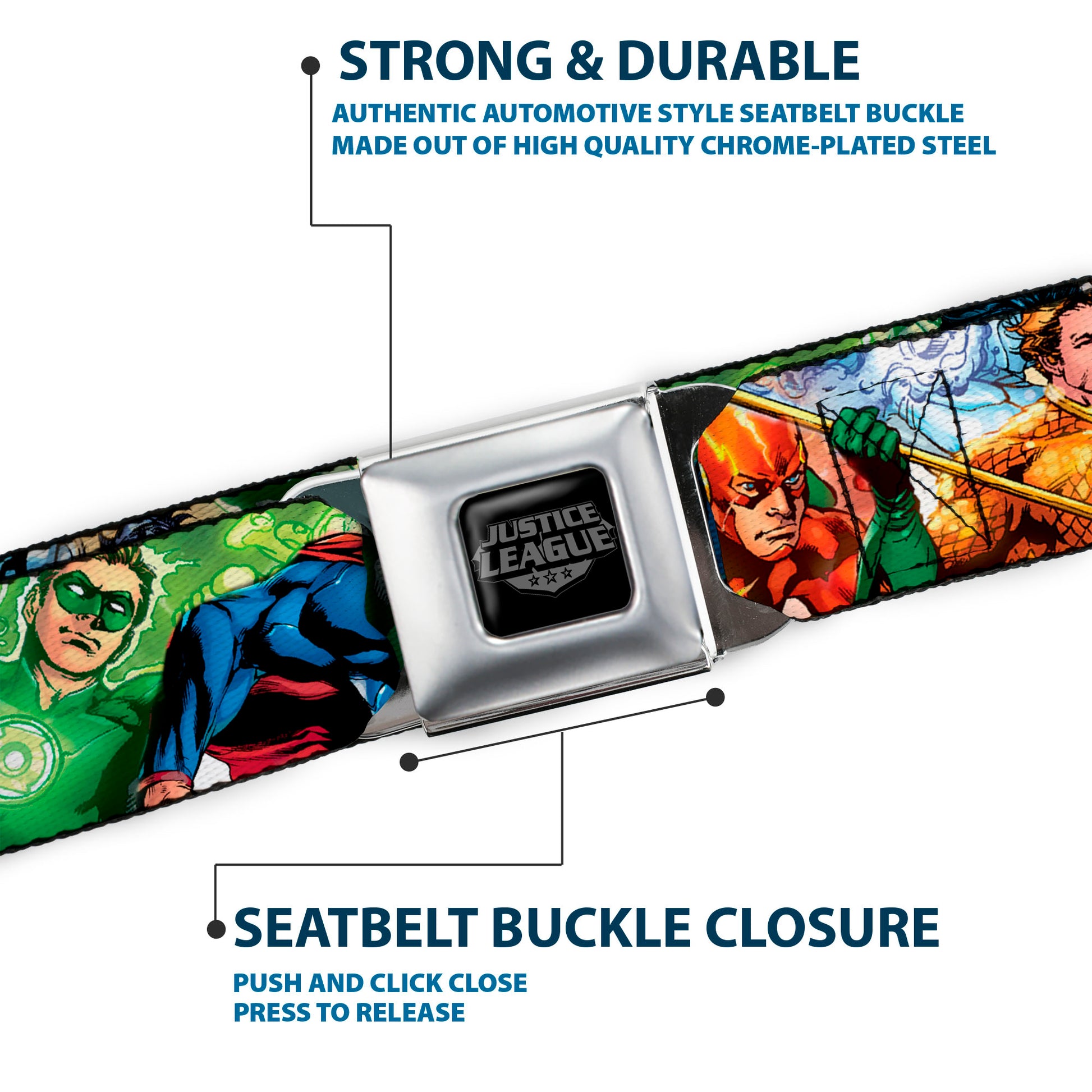 Justice League of America Reverse Brushed Black Silver Seatbelt Belt - Justice League New 52 Superhero Action Poses Webbing Seatbelt Belts DC Comics