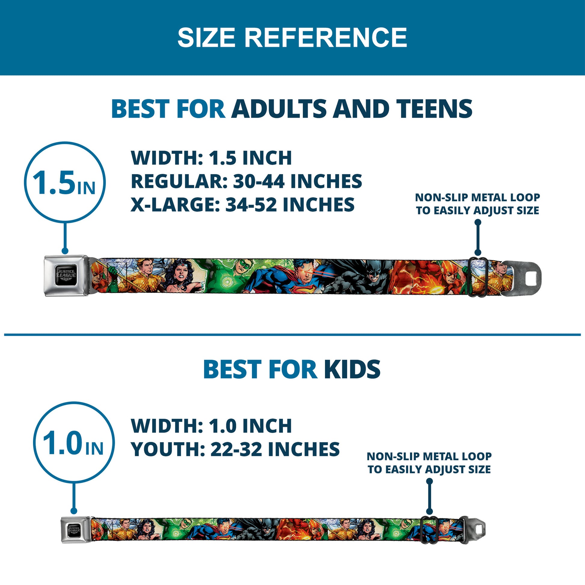 Justice League of America Reverse Brushed Black Silver Seatbelt Belt - Justice League New 52 Superhero Action Poses Webbing Seatbelt Belts DC Comics