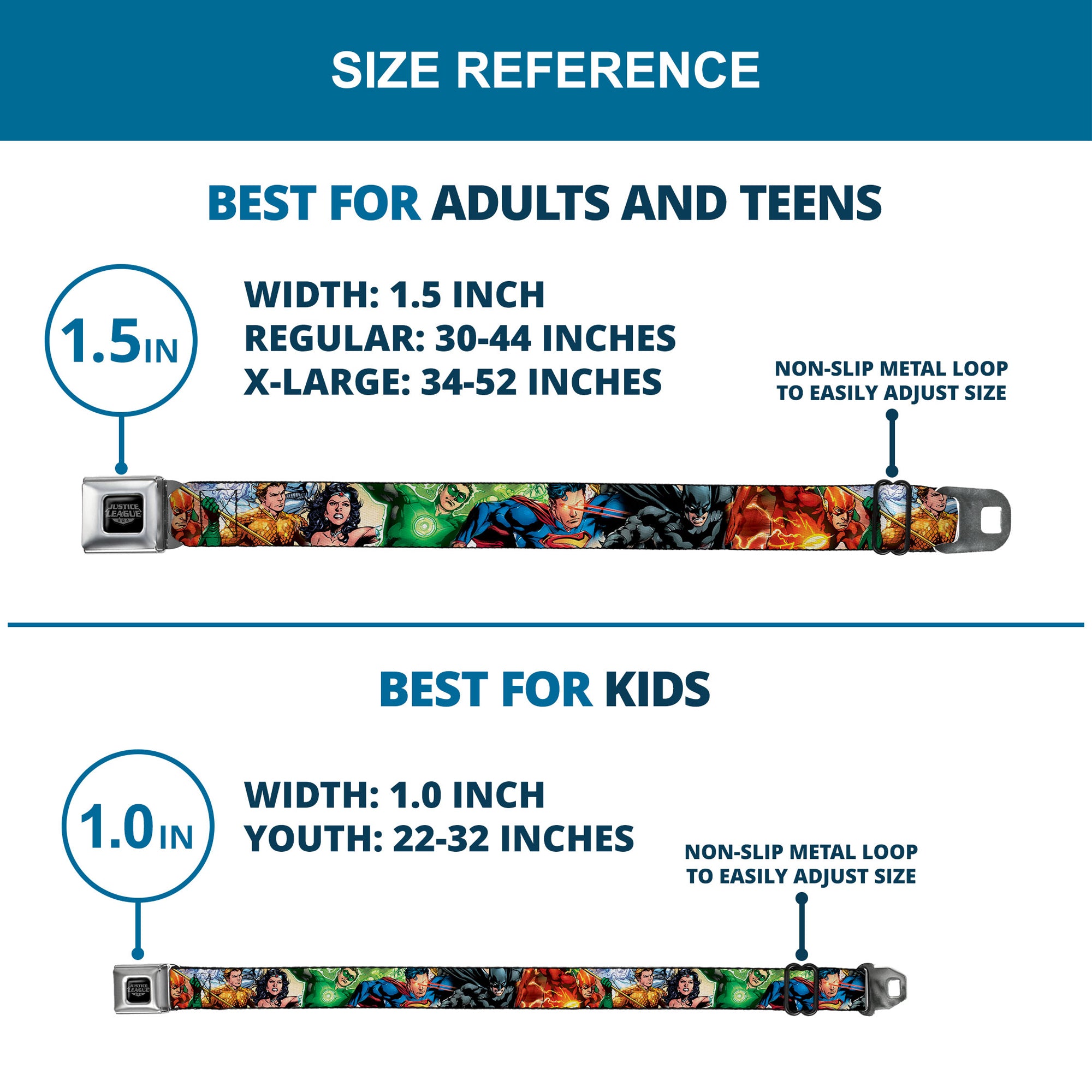 Justice League of America Reverse Brushed Black Silver Seatbelt Belt - Justice League New 52 Superhero Action Poses Webbing Seatbelt Belts DC Comics