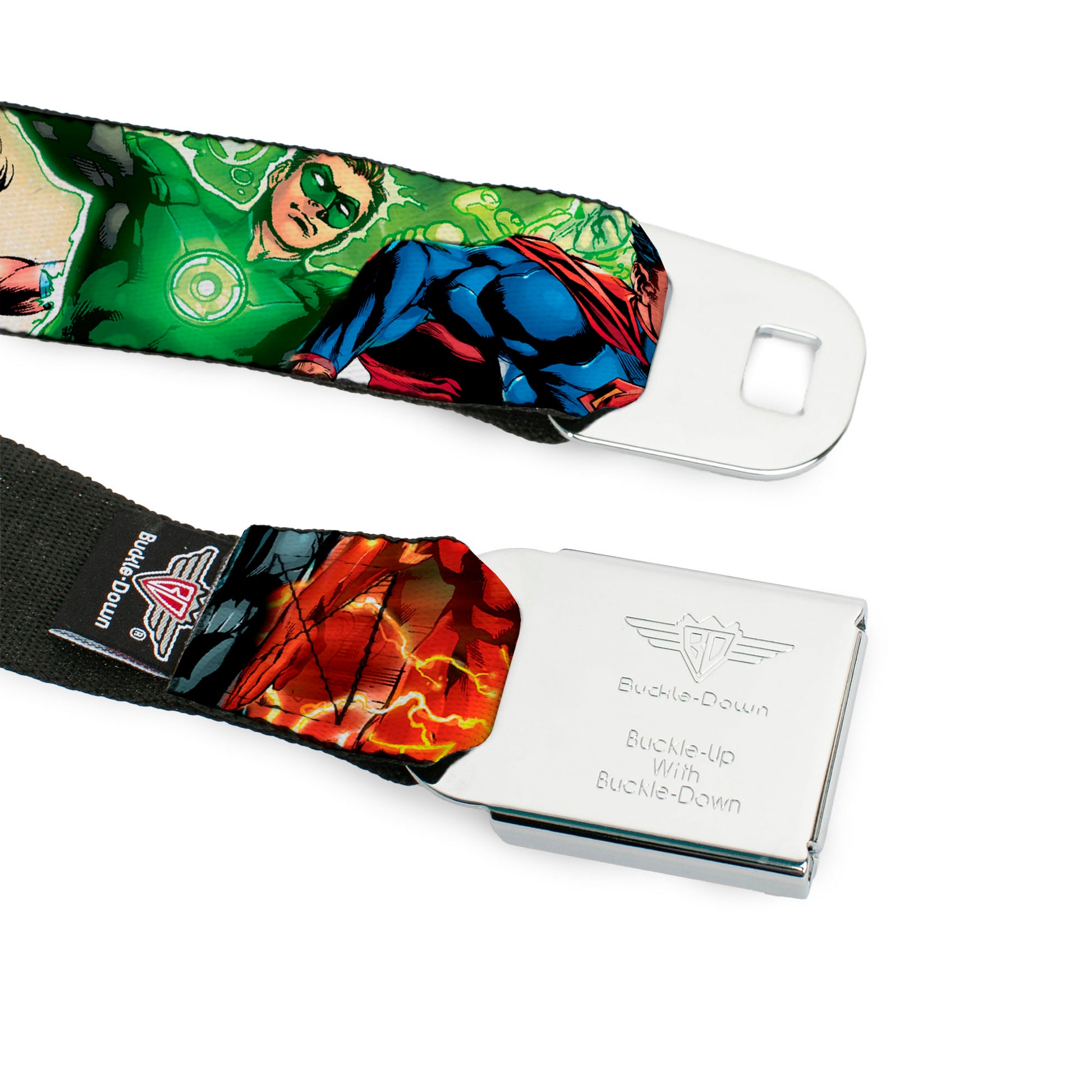 Justice League of America Reverse Brushed Black Silver Seatbelt Belt - Justice League New 52 Superhero Action Poses Webbing Seatbelt Belts DC Comics