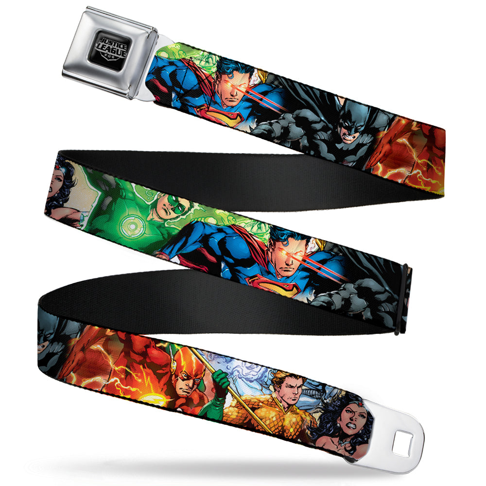 Justice League of America Reverse Brushed Black Silver Seatbelt Belt - Justice League New 52 Superhero Action Poses Webbing Seatbelt Belts DC Comics
