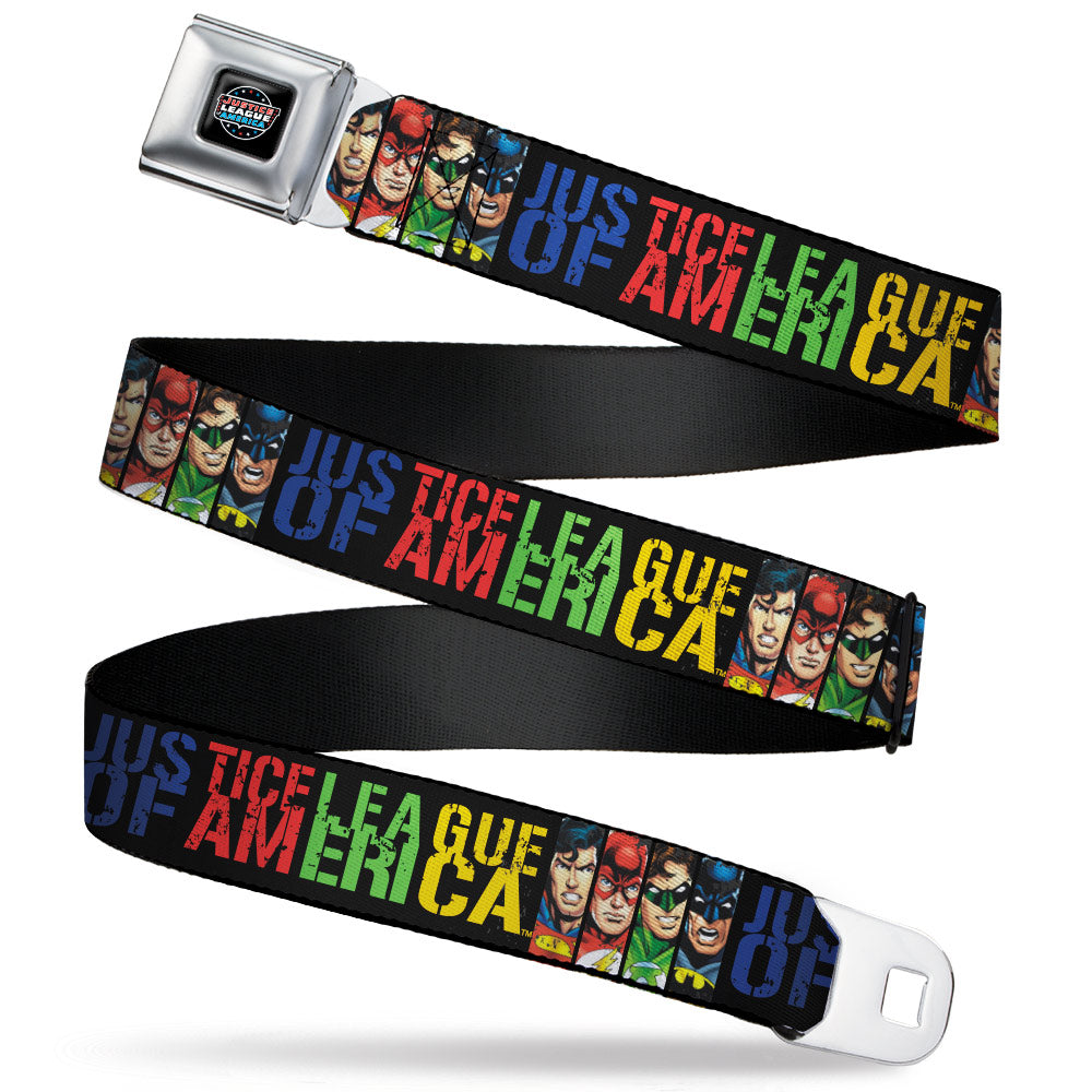 JUSTICE LEAGUE OF AMERICA Badge Black/White/Red/Blue Seatbelt Belt - JUSTICE LEAGUE OF AMERICA w/Superhero Blocks Black/Multi Color Webbing Seatbelt Belts DC Comics