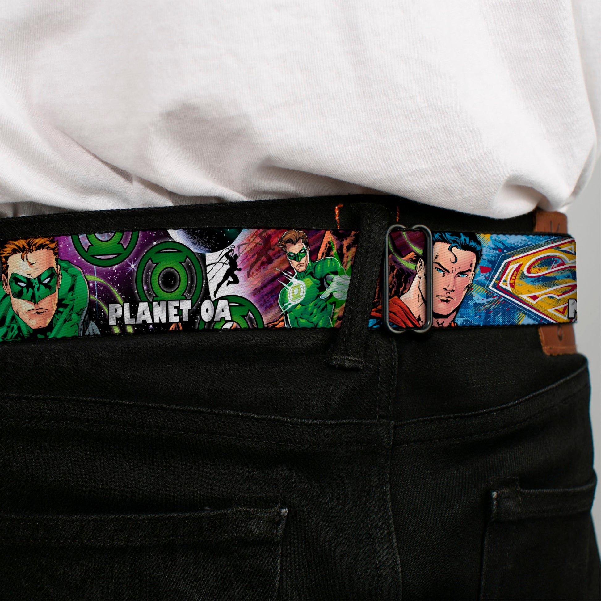 JUSTICE LEAGUE OF AMERICA Badge Black/White/Red/Blue Seatbelt Belt - Superman-METROPOLIS/Batman-GOTHAM CITY/Green Lantern-PLANET MOGO Webbing Seatbelt Belts DC Comics