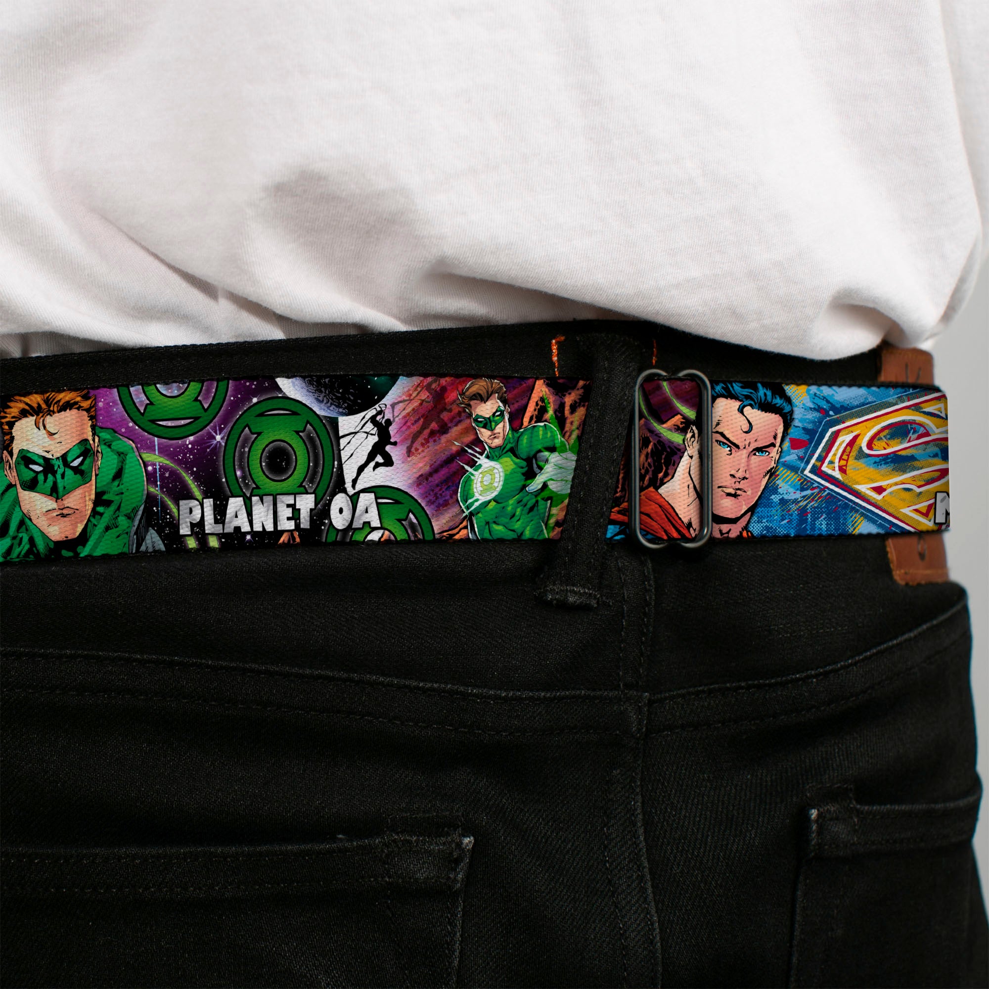 JUSTICE LEAGUE OF AMERICA Badge Black/White/Red/Blue Seatbelt Belt - Superman-METROPOLIS/Batman-GOTHAM CITY/Green Lantern-PLANET MOGO Webbing Seatbelt Belts DC Comics