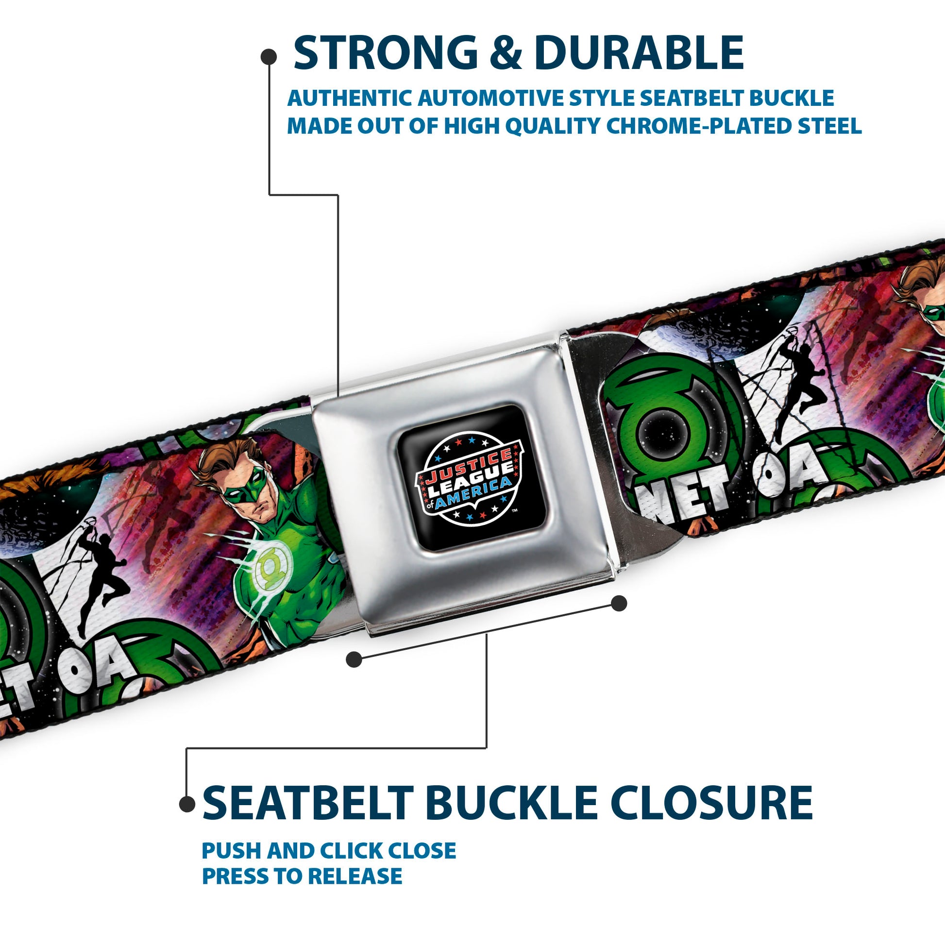 JUSTICE LEAGUE OF AMERICA Badge Black/White/Red/Blue Seatbelt Belt - Superman-METROPOLIS/Batman-GOTHAM CITY/Green Lantern-PLANET MOGO Webbing Seatbelt Belts DC Comics