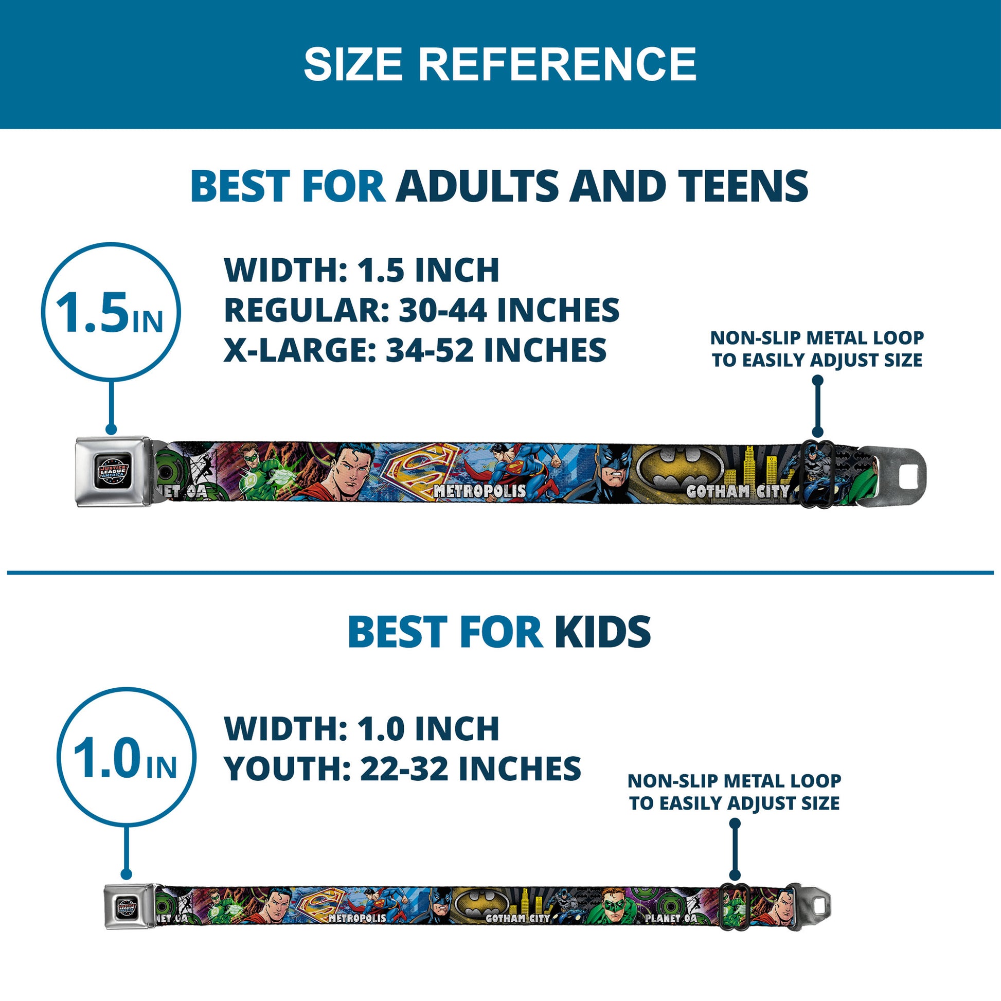 JUSTICE LEAGUE OF AMERICA Badge Black/White/Red/Blue Seatbelt Belt - Superman-METROPOLIS/Batman-GOTHAM CITY/Green Lantern-PLANET MOGO Webbing Seatbelt Belts DC Comics