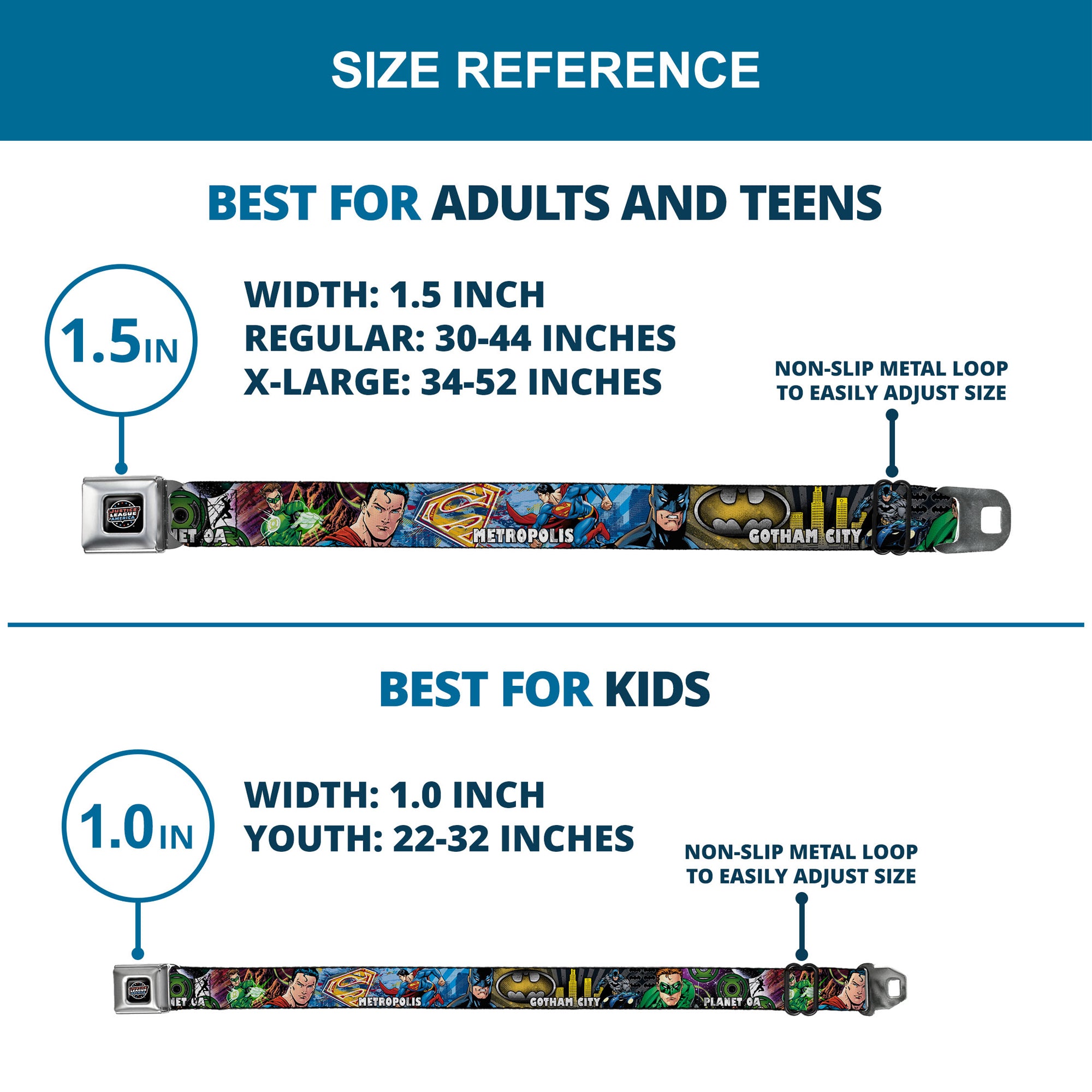 JUSTICE LEAGUE OF AMERICA Badge Black/White/Red/Blue Seatbelt Belt - Superman-METROPOLIS/Batman-GOTHAM CITY/Green Lantern-PLANET MOGO Webbing Seatbelt Belts DC Comics
