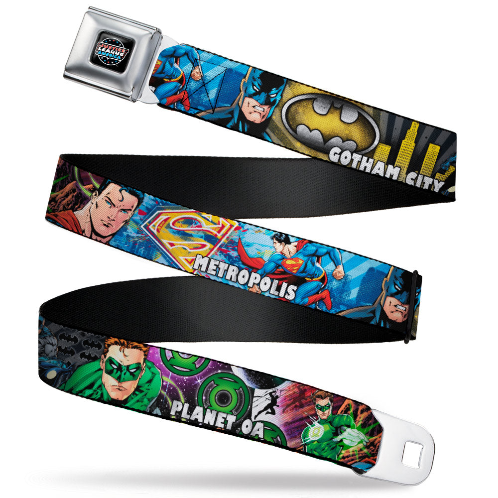 JUSTICE LEAGUE OF AMERICA Badge Black/White/Red/Blue Seatbelt Belt - Superman-METROPOLIS/Batman-GOTHAM CITY/Green Lantern-PLANET MOGO Webbing Seatbelt Belts DC Comics