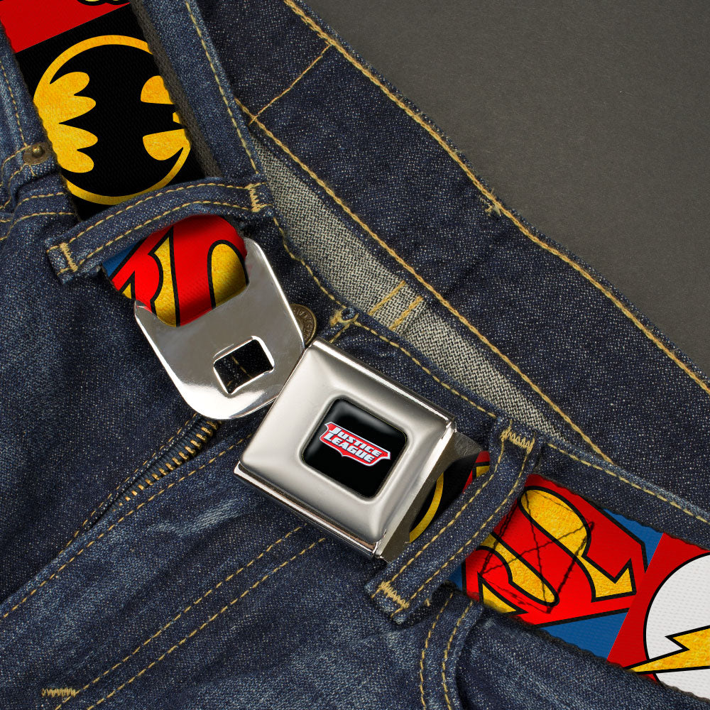 JUSTICE LEAGUE Shield Full Color Black/White/Red Seatbelt Belt - Justice League 5-Superhero Textured Logo CLOSE-UP Blocks Webbing Seatbelt Belts DC Comics