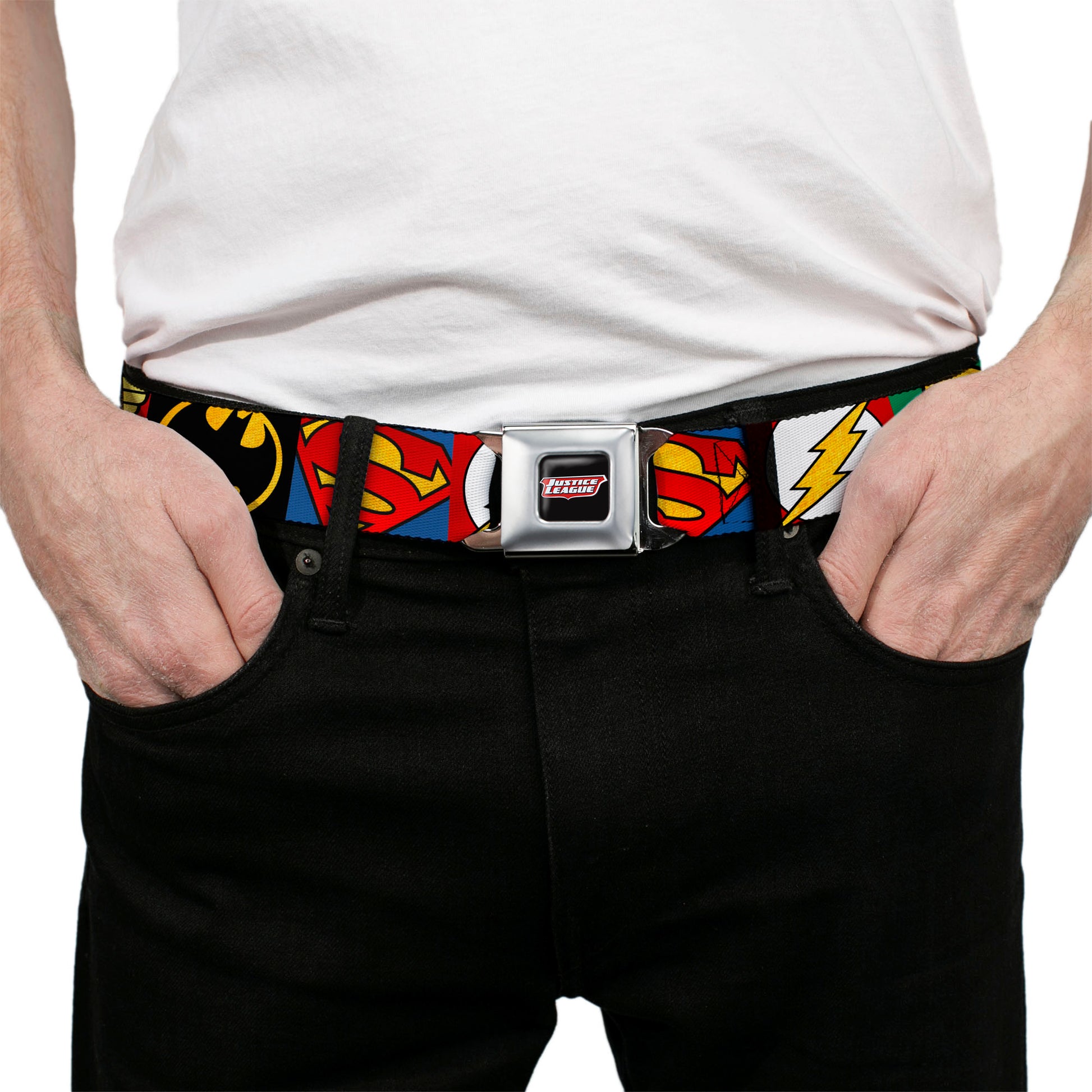 JUSTICE LEAGUE Shield Full Color Black/White/Red Seatbelt Belt - Justice League 5-Superhero Textured Logo CLOSE-UP Blocks Webbing Seatbelt Belts DC Comics