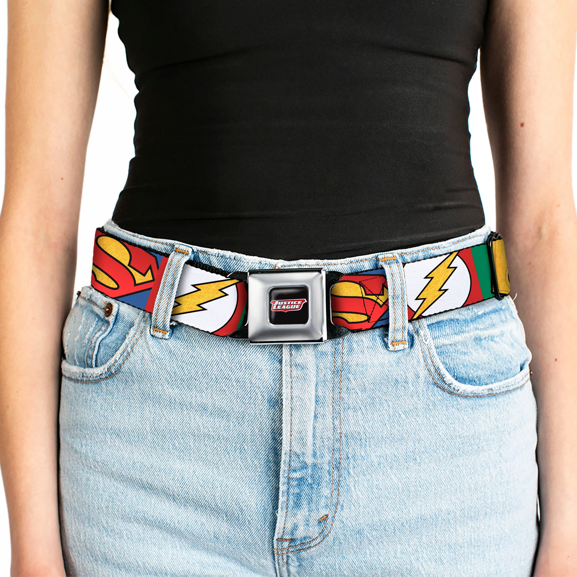 JUSTICE LEAGUE Shield Full Color Black/White/Red Seatbelt Belt - Justice League 5-Superhero Textured Logo CLOSE-UP Blocks Webbing Seatbelt Belts DC Comics