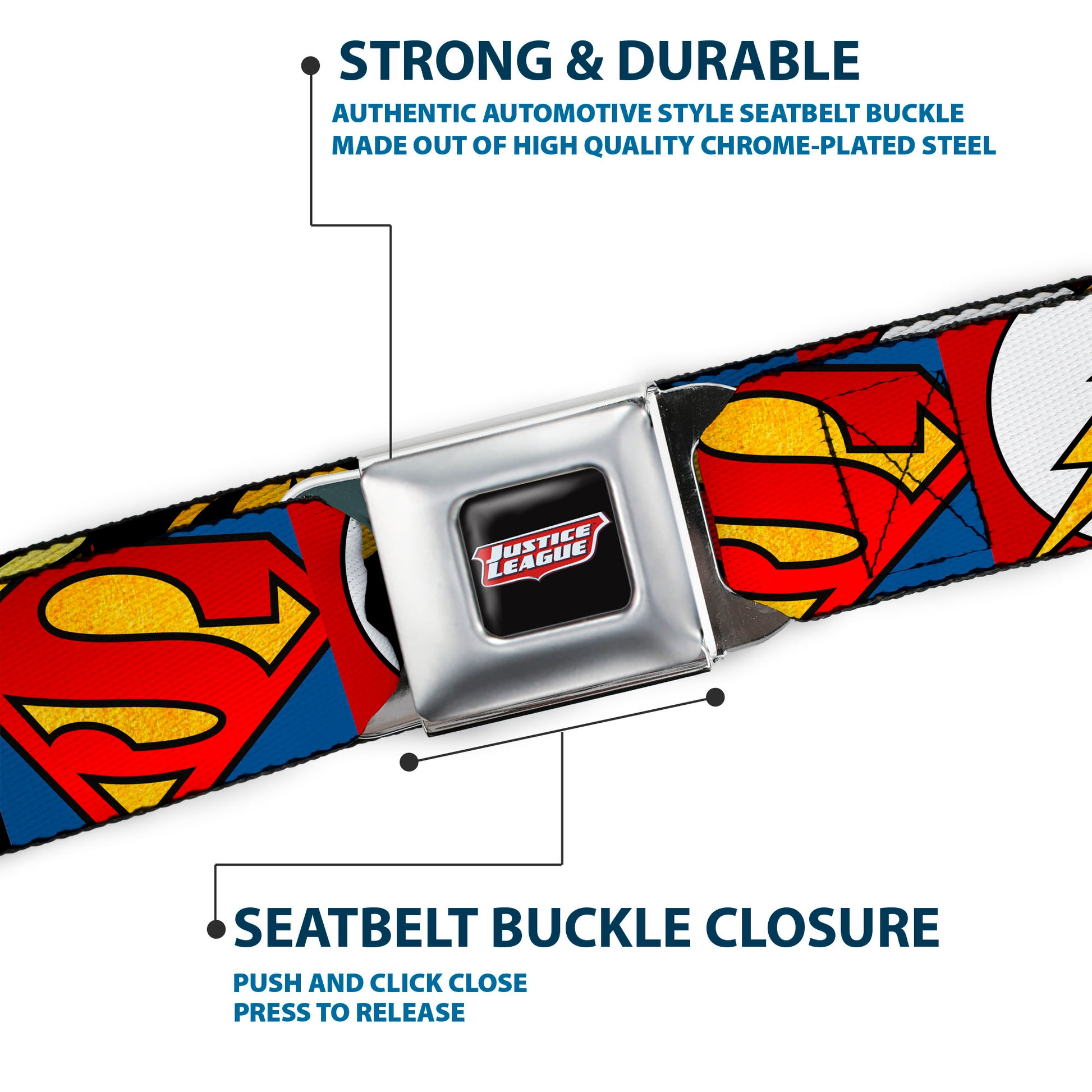 JUSTICE LEAGUE Shield Full Color Black/White/Red Seatbelt Belt - Justice League 5-Superhero Textured Logo CLOSE-UP Blocks Webbing Seatbelt Belts DC Comics