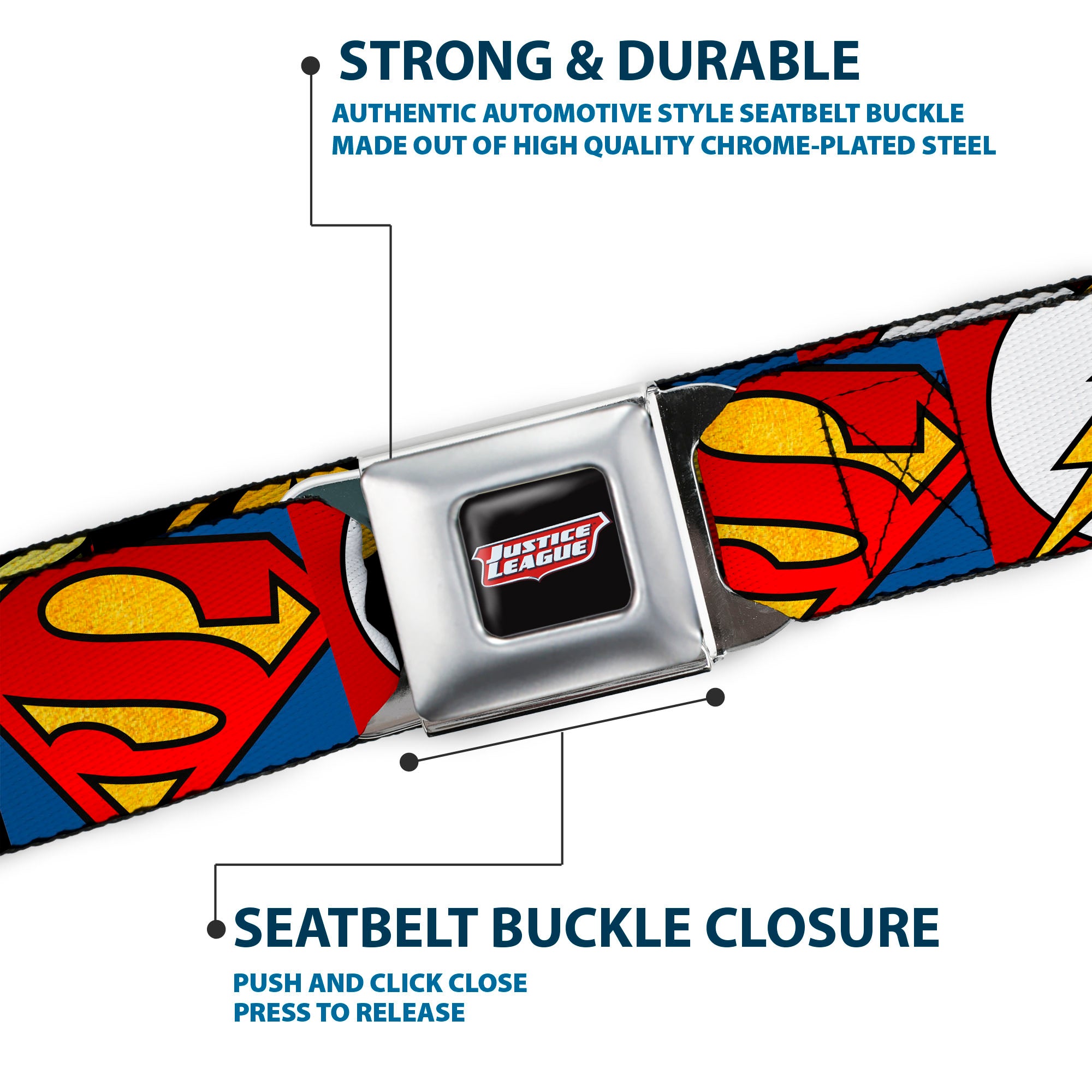 JUSTICE LEAGUE Shield Full Color Black/White/Red Seatbelt Belt - Justice League 5-Superhero Textured Logo CLOSE-UP Blocks Webbing Seatbelt Belts DC Comics