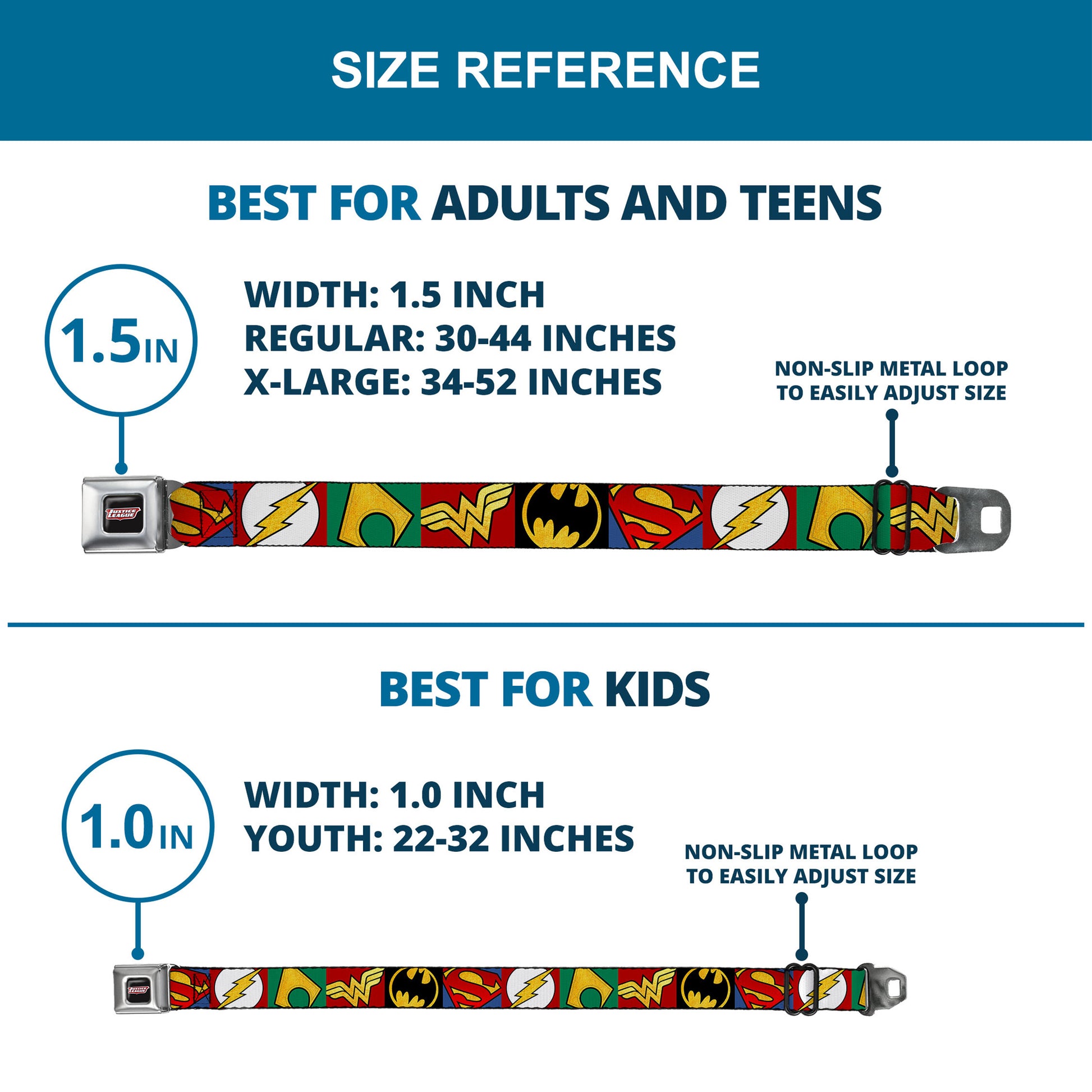 JUSTICE LEAGUE Shield Full Color Black/White/Red Seatbelt Belt - Justice League 5-Superhero Textured Logo CLOSE-UP Blocks Webbing Seatbelt Belts DC Comics