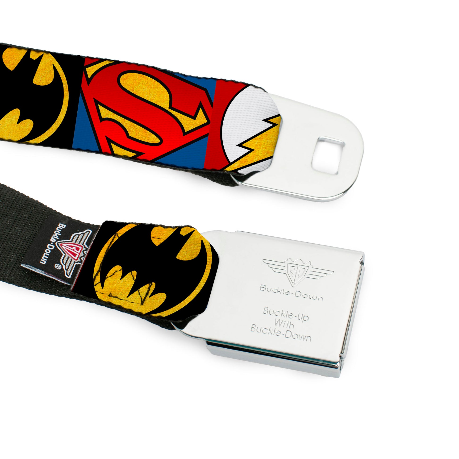 JUSTICE LEAGUE Shield Full Color Black/White/Red Seatbelt Belt - Justice League 5-Superhero Textured Logo CLOSE-UP Blocks Webbing Seatbelt Belts DC Comics