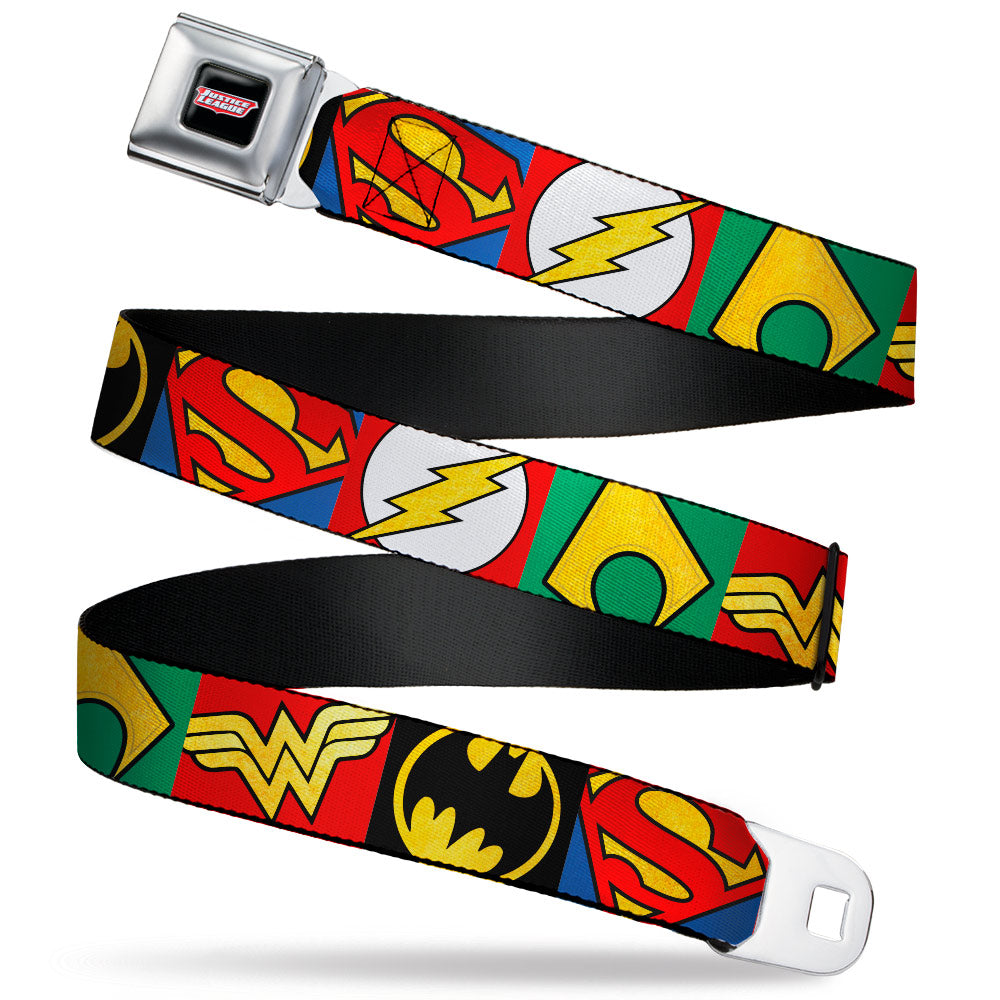 JUSTICE LEAGUE Shield Full Color Black/White/Red Seatbelt Belt - Justice League 5-Superhero Textured Logo CLOSE-UP Blocks Webbing Seatbelt Belts DC Comics