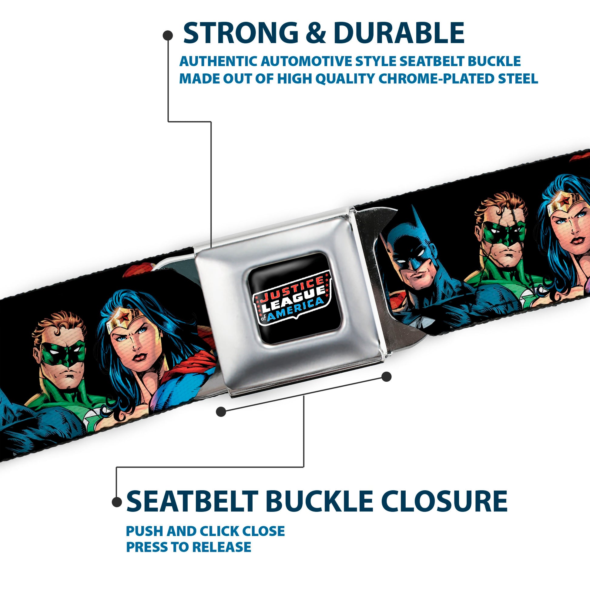 Justice League of America Black Full Color Seatbelt Belt - Justice League Elite Forces Superheroes Webbing Seatbelt Belts DC Comics