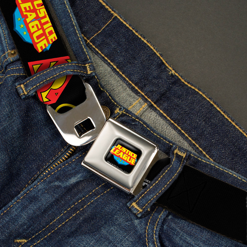 Justice League Shield Full Color Black Blue Red Yellow Seatbelt Belt - Justice League Superhero Logos CLOSE-UP Black Webbing Seatbelt Belts DC Comics