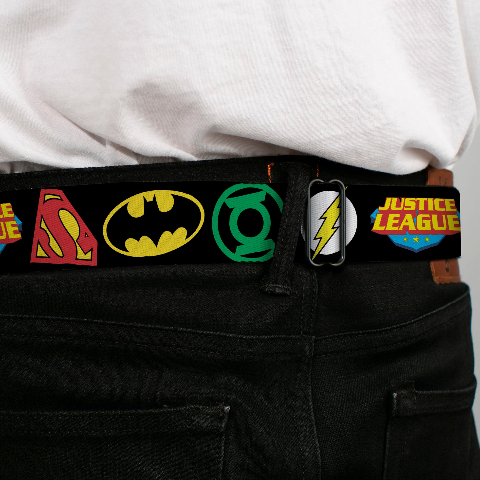 Justice League Shield Full Color Black Blue Red Yellow Seatbelt Belt - Justice League Superhero Logos CLOSE-UP Black Webbing Seatbelt Belts DC Comics