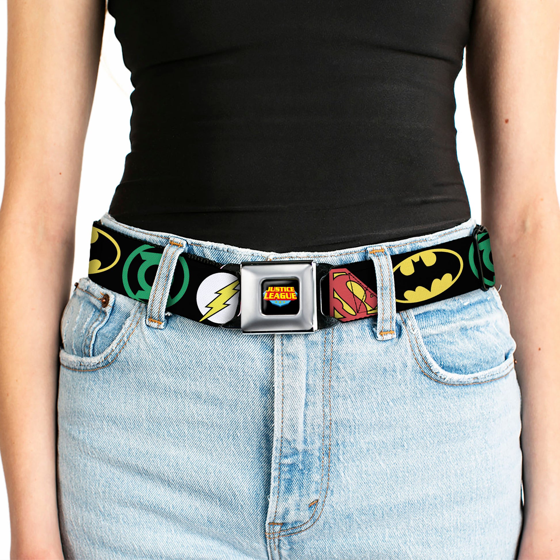 Justice League Shield Full Color Black Blue Red Yellow Seatbelt Belt - Justice League Superhero Logos CLOSE-UP Black Webbing Seatbelt Belts DC Comics