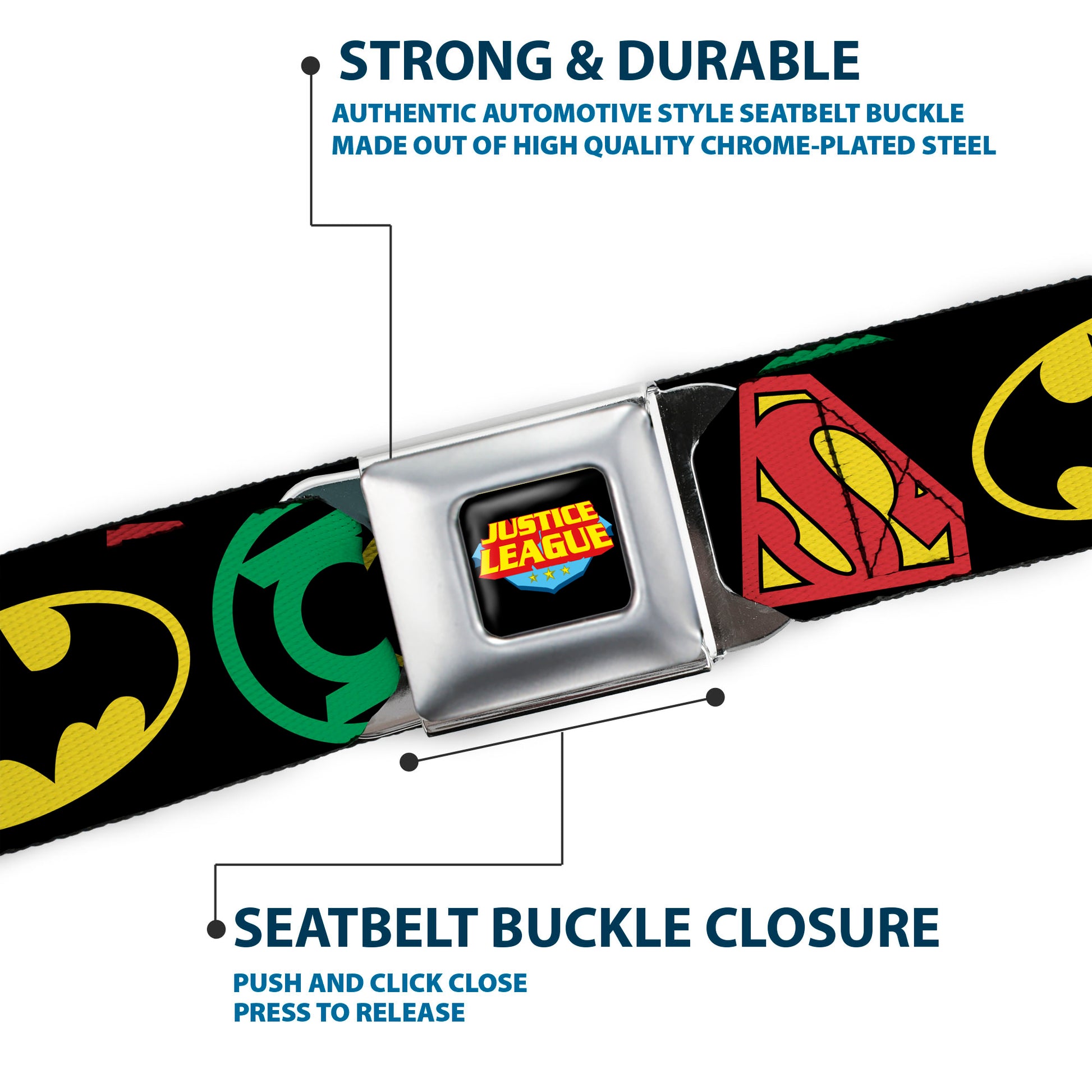Justice League Shield Full Color Black Blue Red Yellow Seatbelt Belt - Justice League Superhero Logos CLOSE-UP Black Webbing Seatbelt Belts DC Comics