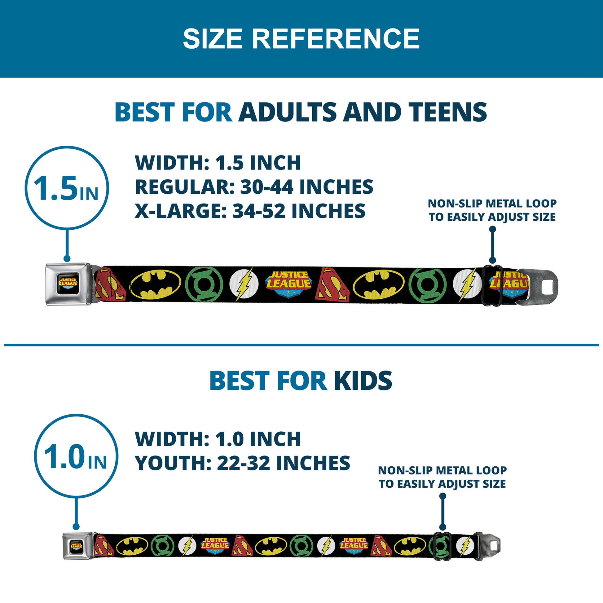 Justice League Shield Full Color Black Blue Red Yellow Seatbelt Belt - Justice League Superhero Logos CLOSE-UP Black Webbing Seatbelt Belts DC Comics