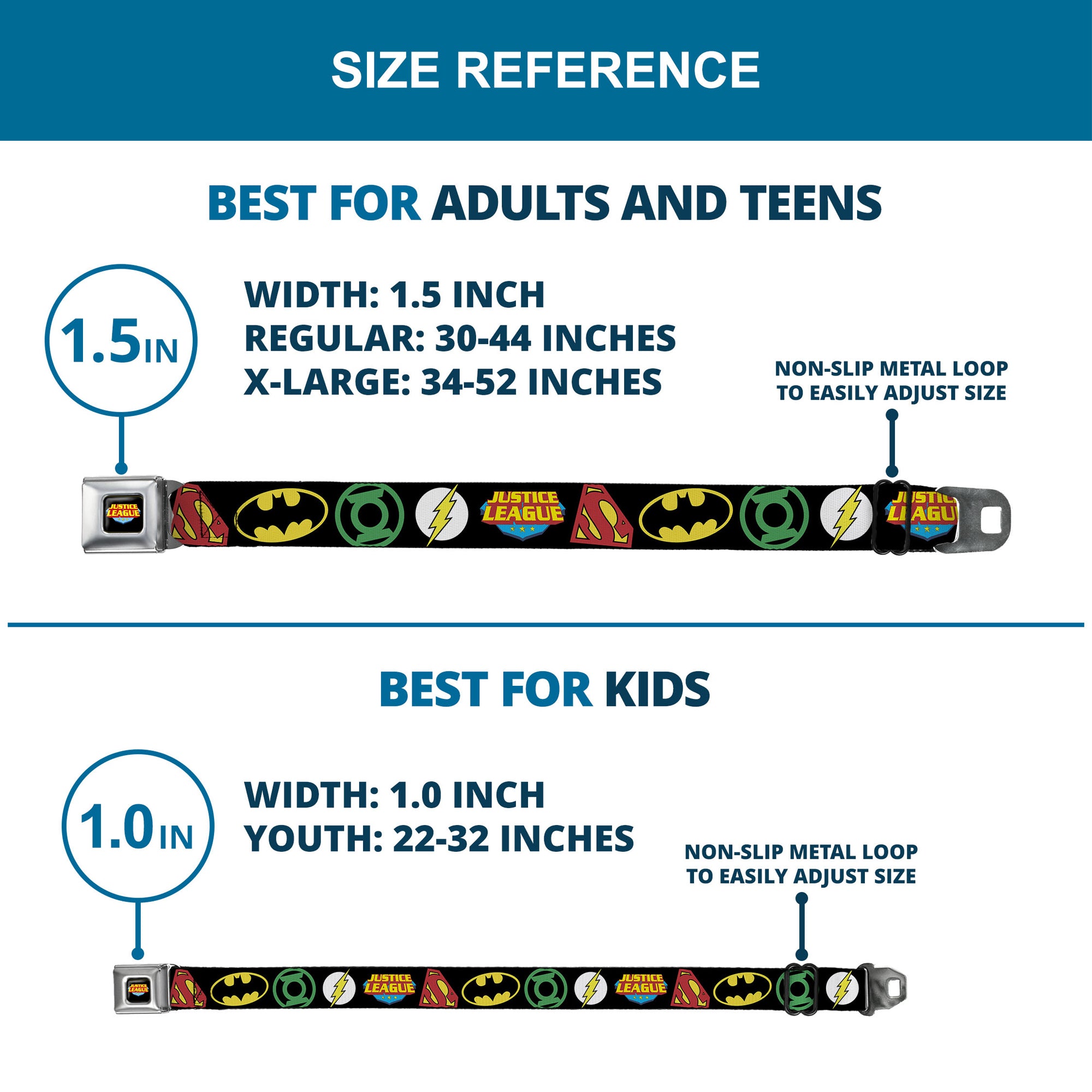 Justice League Shield Full Color Black Blue Red Yellow Seatbelt Belt - Justice League Superhero Logos CLOSE-UP Black Webbing Seatbelt Belts DC Comics