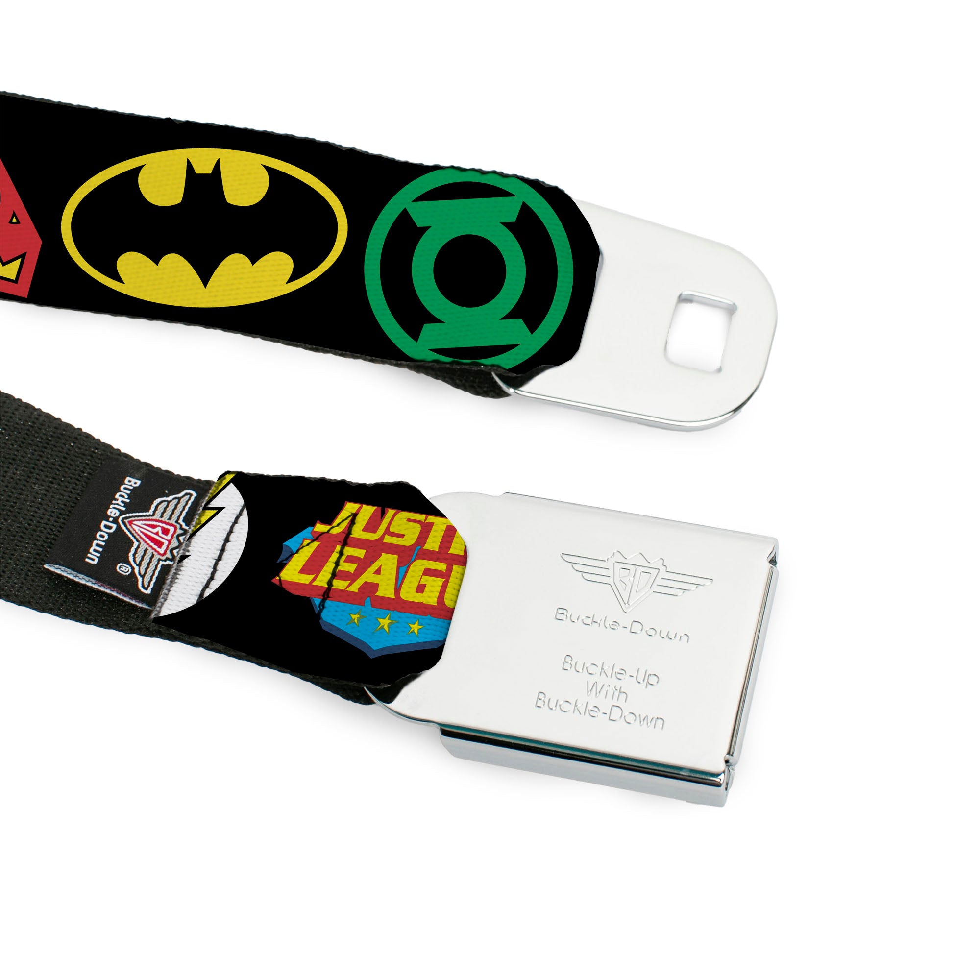 Justice League Shield Full Color Black Blue Red Yellow Seatbelt Belt - Justice League Superhero Logos CLOSE-UP Black Webbing Seatbelt Belts DC Comics