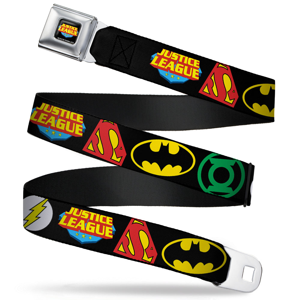 Justice League Shield Full Color Black Blue Red Yellow Seatbelt Belt - Justice League Superhero Logos CLOSE-UP Black Webbing Seatbelt Belts DC Comics