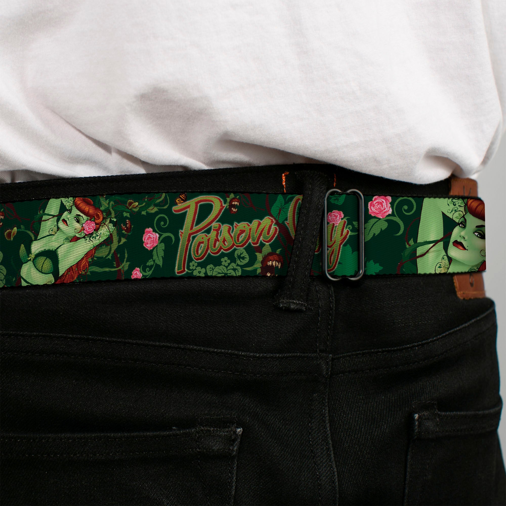 Poison Ivy Pin-Up Face Full Color Seatbelt Belt - POISON IVY Bombshell Poses Greens/Reds Webbing Seatbelt Belts DC Comics