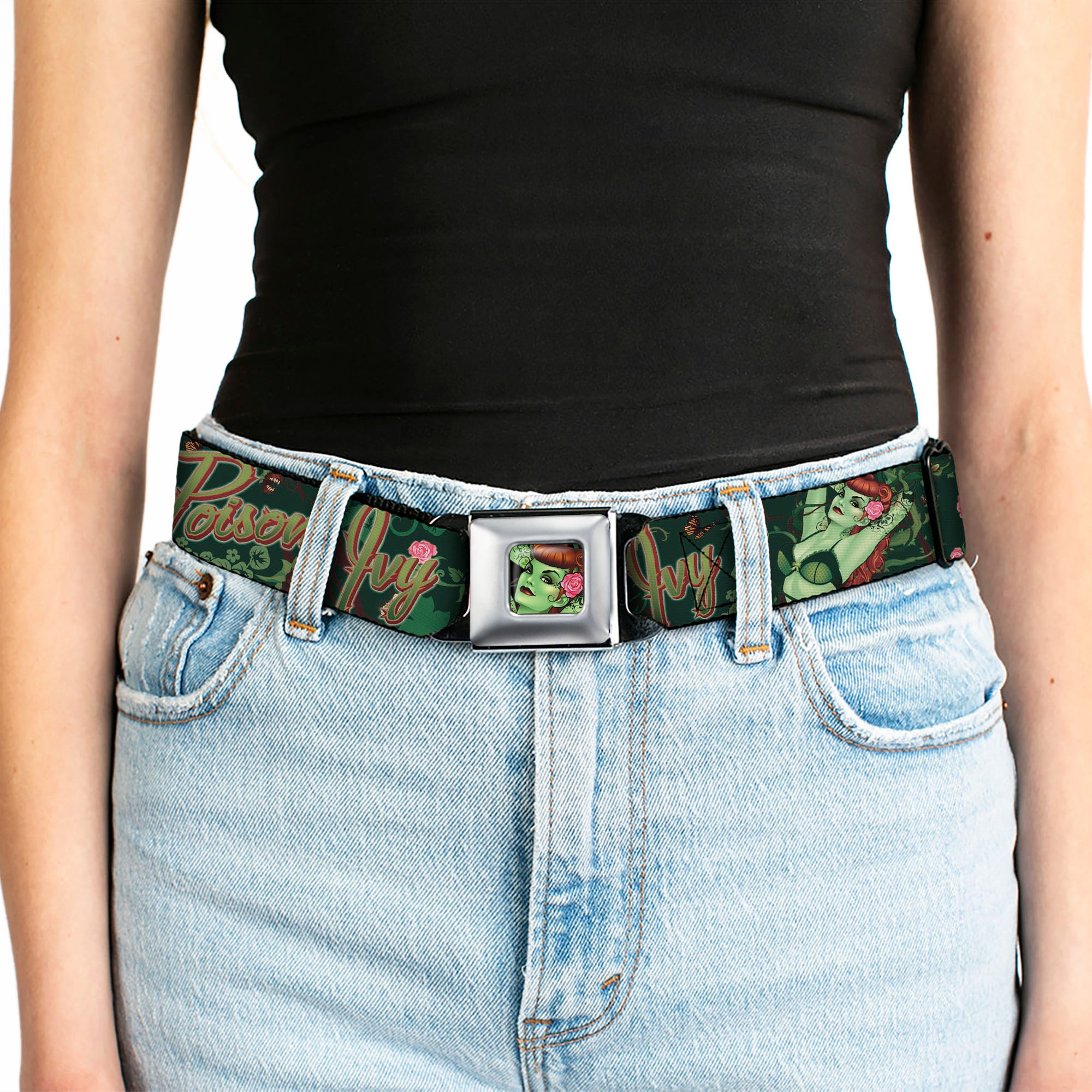 Poison Ivy Pin-Up Face Full Color Seatbelt Belt - POISON IVY Bombshell Poses Greens/Reds Webbing Seatbelt Belts DC Comics